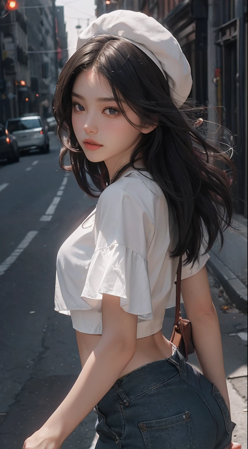 ((Best Quality, 8K, Masterpiece: 1.3)), (Flower Cap: 1.3), Focus: 1.2, Perfect Body Beauty: 1.4, Buttocks: 1.2, (Layered Haircut: 1.2)), (Dark Street: 1.3), Highly Detailed Face and Skin Texture, Full Body, Delicate Eyes, Double Eyelids, Whitened Skin, Long Hair, (Round Face: 1.5), (Loose Crop Top, Shorts: 1.6)