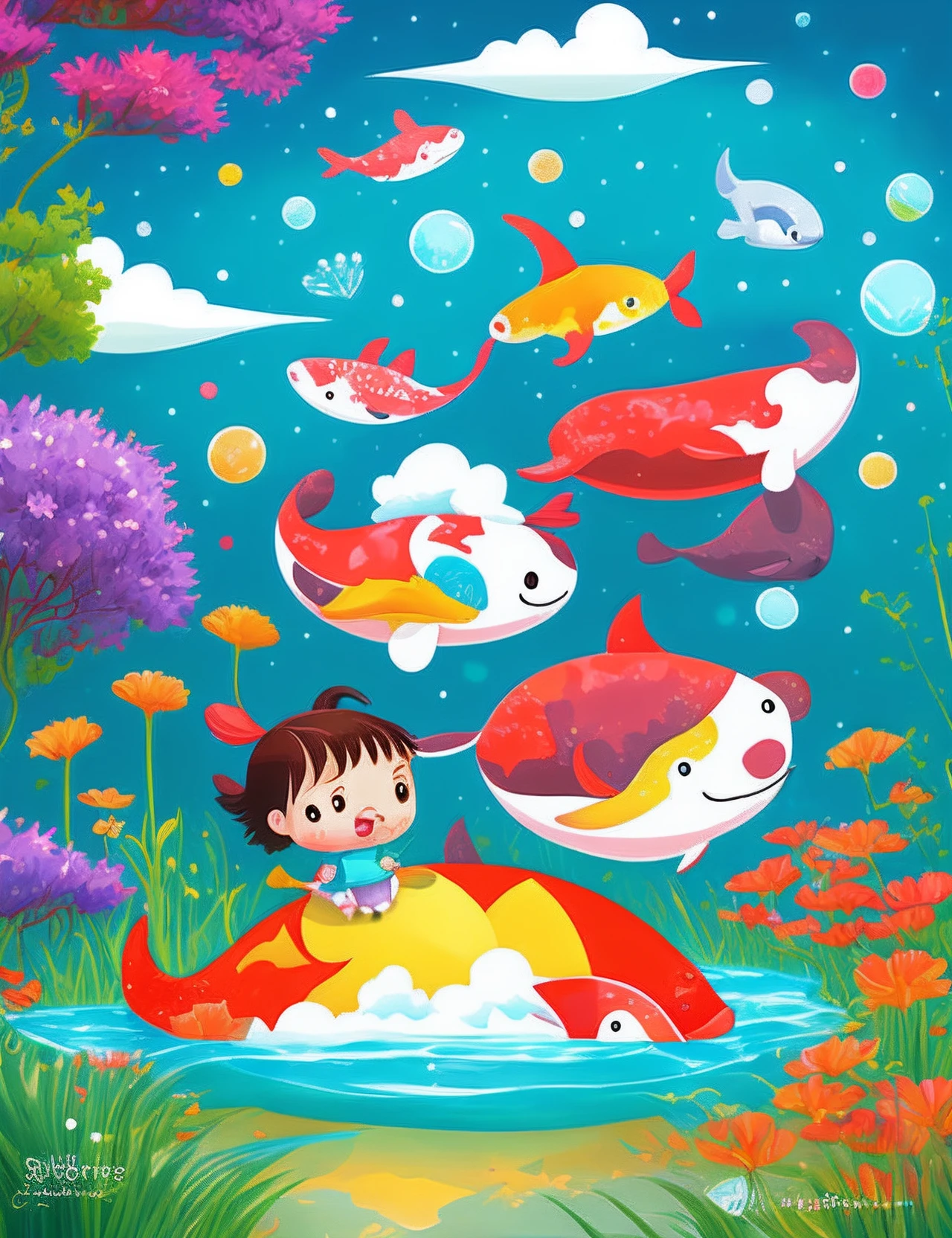 Whimsical fantasies,Colorful children's book illustrations, colorful illustrations, rounded house and cute character, full color digital illustration, Colorful illustration, 2d digital illustration, children's book illustrations,critters,whales,Koi