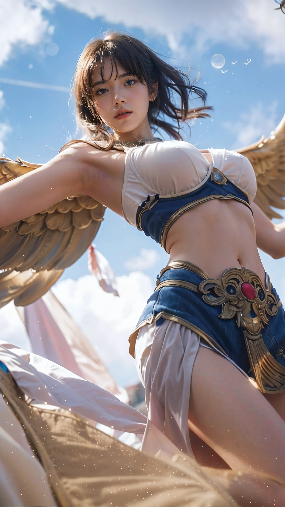 (8k, best quality, masterpiece:1.2), (realistic, photo-realistic:1.37), ultra-detailed, A detailed portrait of 1 girl 21 year old, angel, pharaoh clothes, pharaonic era, beautiful girl, british girl, pale skin, perfect body, blue eyes, pink hair. The scene is illuminated with professional lighting, photon mapping, and radiosity, with Tetsuya Nomura Style. Blur bokeh effect, realistic light.