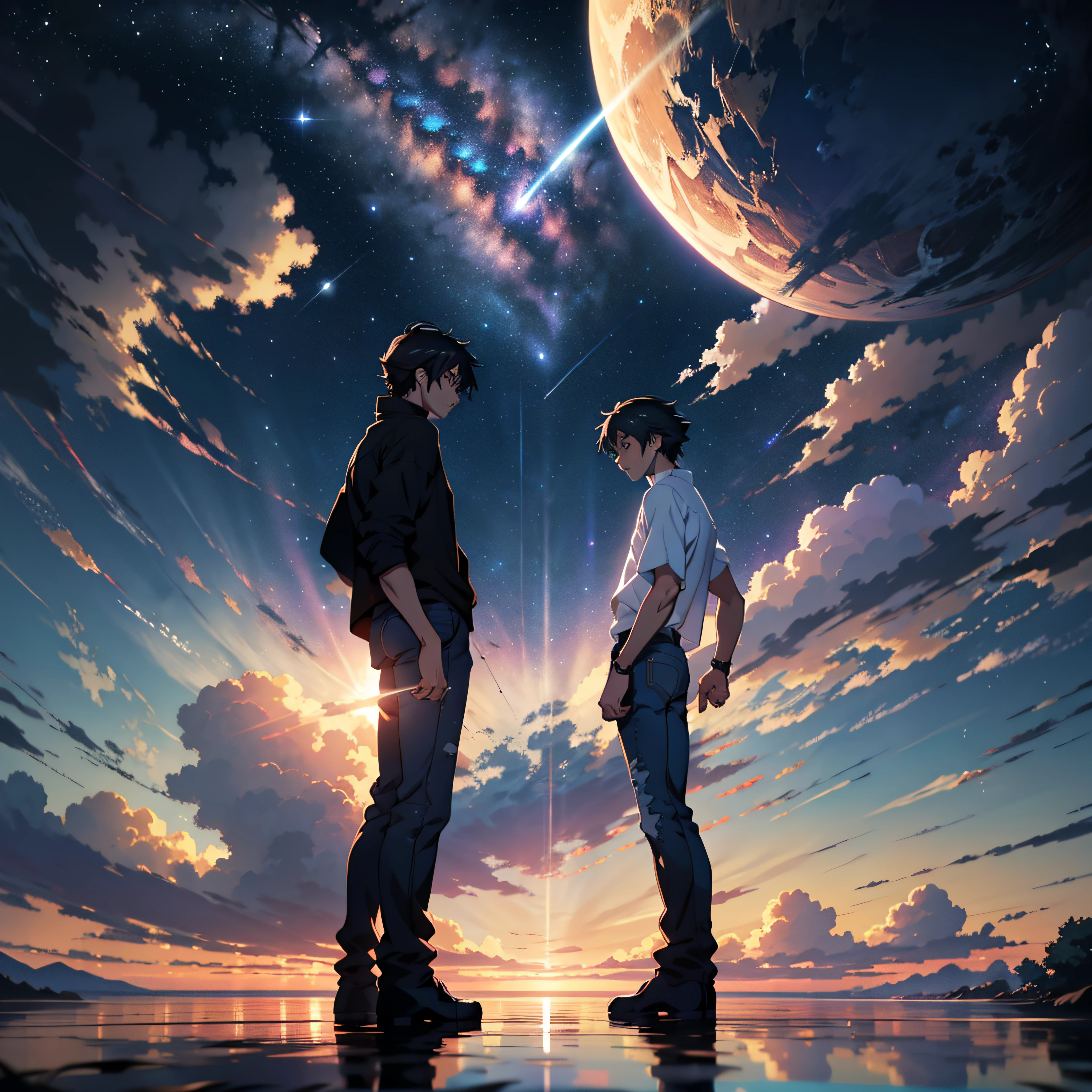 anime - style scene of a beautiful sky with a star and a planet, cosmic skies. by makoto shinkai, anime art wallpaper 4k, 1young man, anime art wallpaper 4 k, anime art wallpaper 8 k, anime wallpaper 4k, anime wallpaper 4 k, 4k anime wallpaper, anime sky, amazing wallpaper, anime background, heaven planet in background, anime background art, reflection, quantum transisition, white shirt, black jeans, standing man.