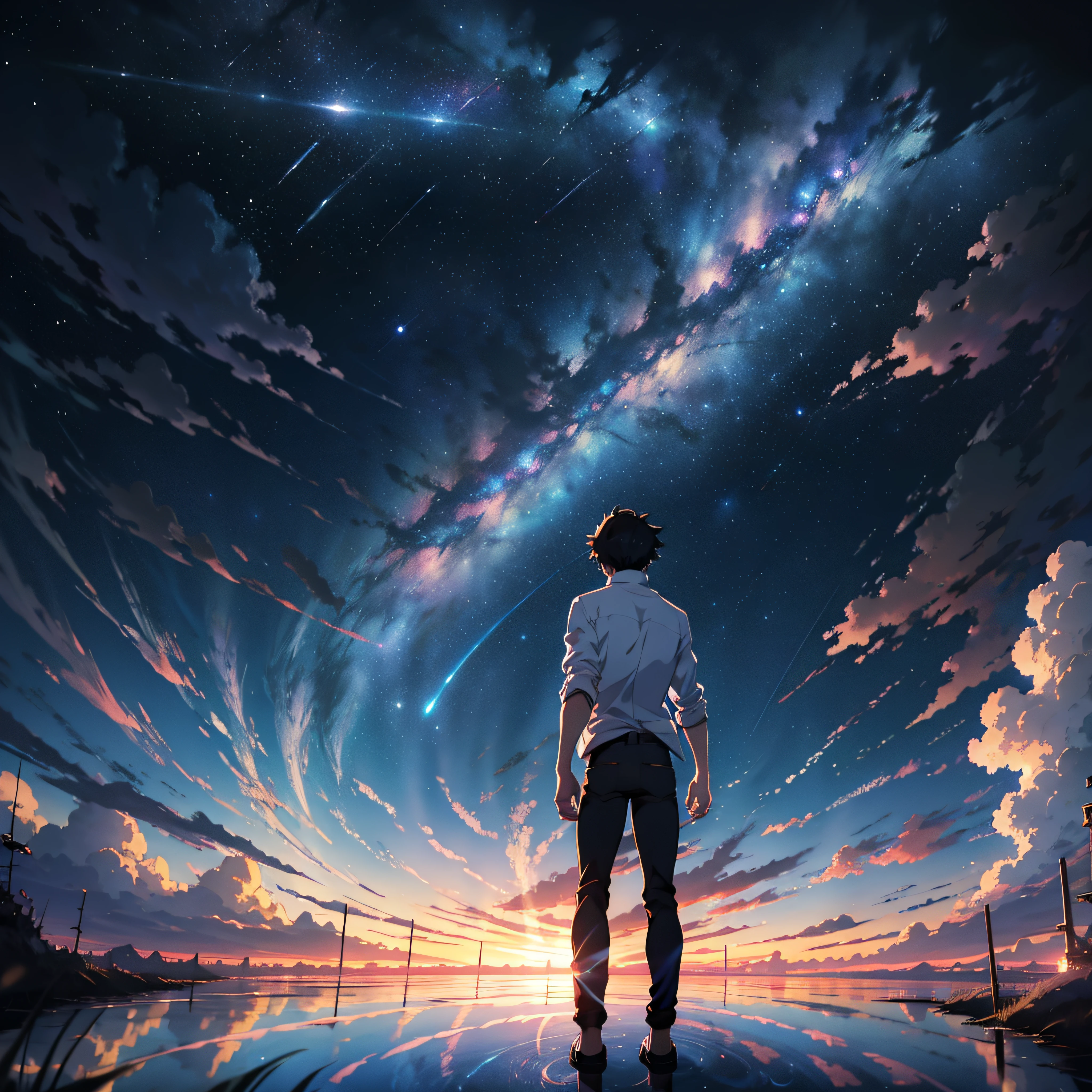 anime - style scene of a beautiful sky with a star and a planet, cosmic skies. by makoto shinkai, anime art wallpaper 4k, ung man, anime art wallpaper 4 k, anime art wallpaper 8 k, anime wallpaper 4k, anime wallpaper 4 k, 4k anime wallpaper, anime sky, amazing wallpaper, anime background, heaven planet in background, anime background art, reflection, quantum transisition, white shirt, black jeans, standing man.