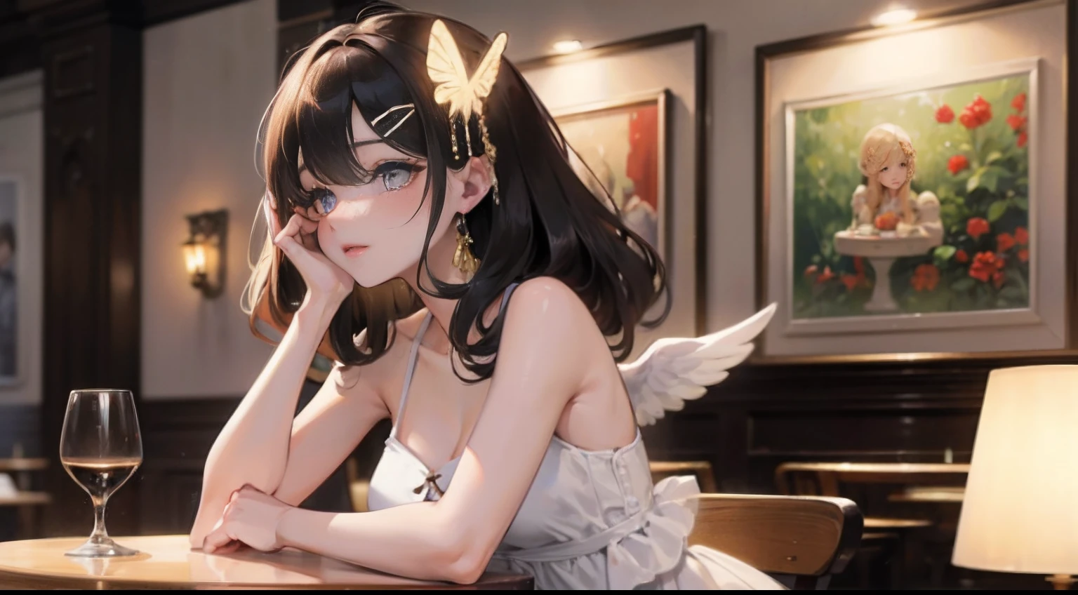 Octane Render、nffsw、(Hyper-detailing: 1.15)、(Soft light、sharp: 1.2)、photoRealstic、Girl with angel wings、Beautiful Angel Girl、Close one eye、Luxurious rooms in the coffee shop、Strawberry Shortcake and Coffee Set、女の子 1 人、a beauty girl、ultradetailed eyes、Plump、A thick、Rainbow painting drops、（hair adornments、耳Nipple Ring、Floral hair ornament、butterfly hair ornament）、 Fuji Film, F/4.0, masutepiece, Anatomically correct