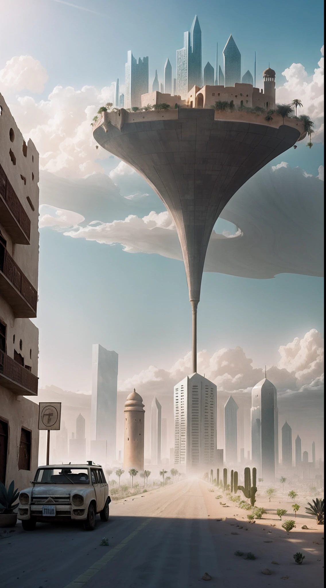 Eschatological,Hazy weather,At noon,There is a city in the middle of the desert,The city is dilapidated,The walls are covered with plants,Floating islands in the distance,Floating islands are large cities