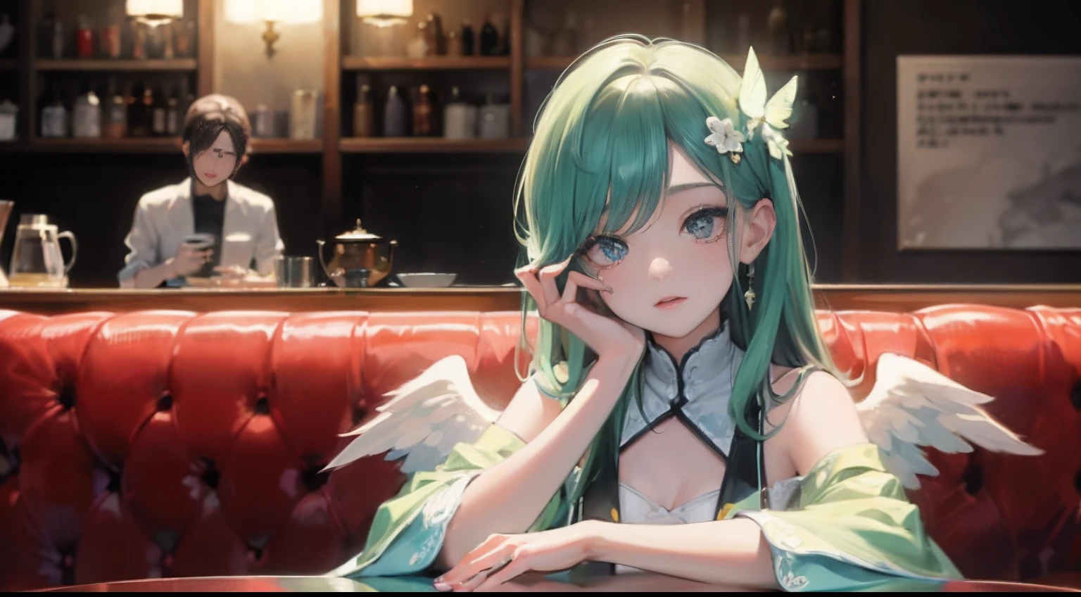 Octane Render、nffsw、(Hyper-detailing: 1.15)、(Soft light、sharp: 1.2)、photoRealstic、Girl with angel wings、Beautiful Angel Girl、Close one eye、Luxurious rooms in the coffee shop、Strawberry Shortcake and Coffee Set、女の子 1 人、a beauty girl、ultradetailed eyes、Plump、A thick、Rainbow painting drops、(hair adornments、耳Nipple Ring、Floral hair ornament、butterfly hair ornament)、 Fuji Film, F/4.0, masutepiece, Anatomically correct