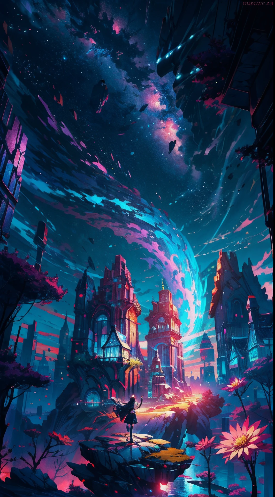 Anime girl standing on a rock looking at iridescent sky, makoto shinkai cyril rolando, anime art wallpaper 4k, anime art wallpaper 4k, Anime art wallpaper 8k, cosmic sky. by makoto shinkai, inspired by Cyril Rolando, in the style dan mumford artwork, amazing wallpapers, by Yuumei
