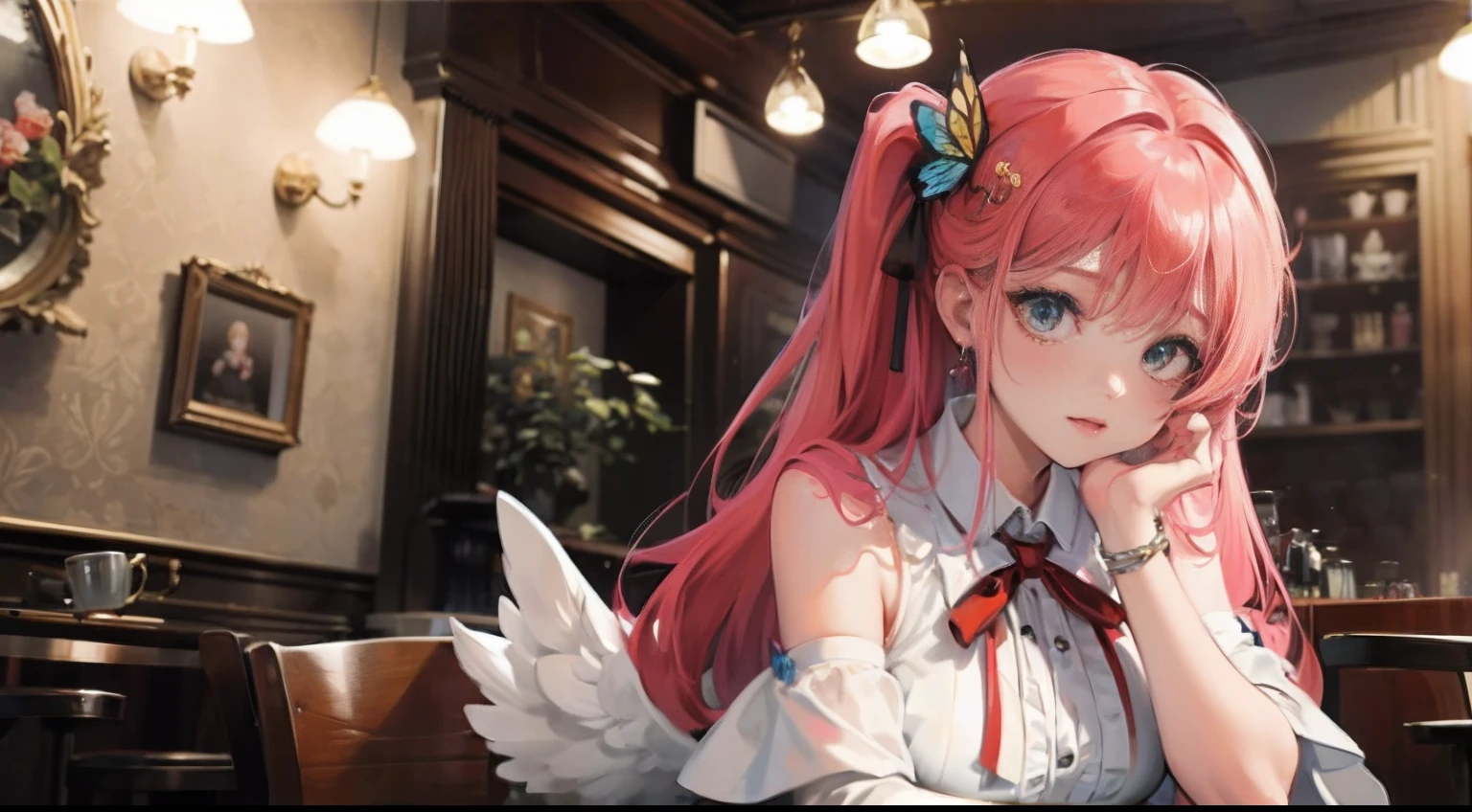 Octane Render、nffsw、(Hyper-detailing: 1.15)、(Soft light、sharp: 1.2)、Girl with angel wings、Beautiful Angel Girl、Close one eye、Luxurious rooms in the coffee shop、Strawberry Shortcake and Coffee Set、女の子 1 人、a beauty girl、ultradetailed eyes、Plump、A thick、Rainbow painting drops、耳Nipple Ring、butterfly hair ornament、 masutepiece, Anatomically correct