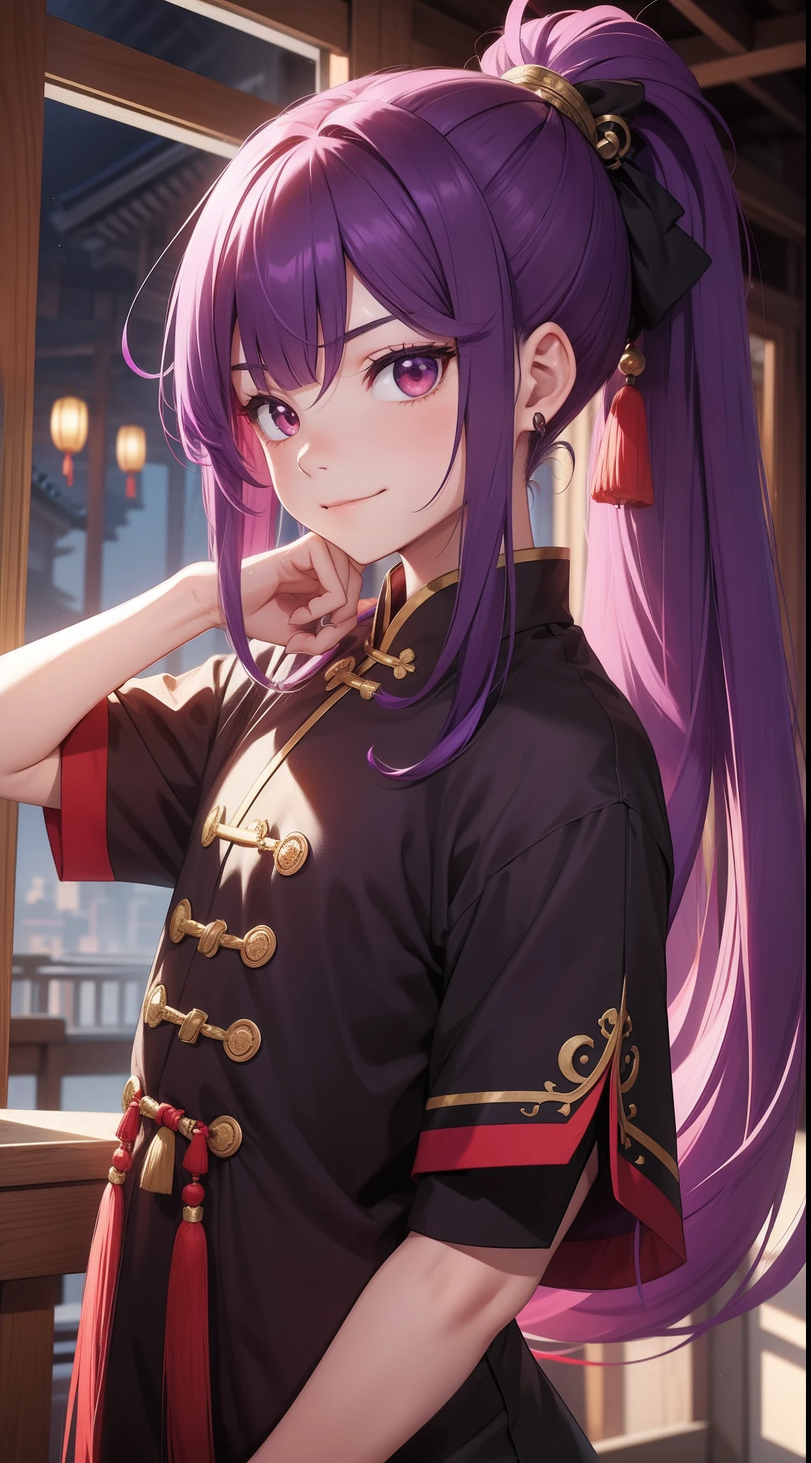 young boy, long purple hair, high ponytail, red-eyes, Chinese purple short-sleeved shirt, Via Hanifa, smirk, Feather Fan, Masterpiece, hiquality