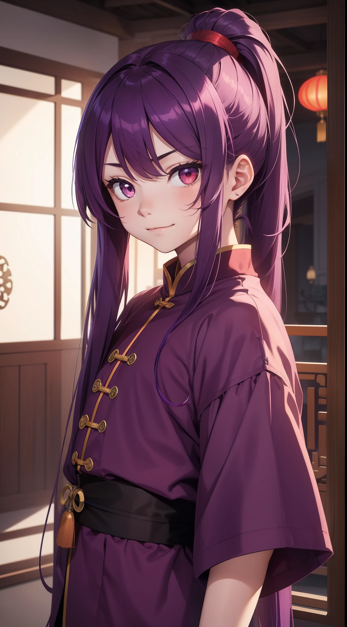 young boy, long purple hair, high ponytail, red-eyes, Chinese purple short-sleeved shirt, Via Hanifa, smirk, Feather Fan, Masterpiece, hiquality