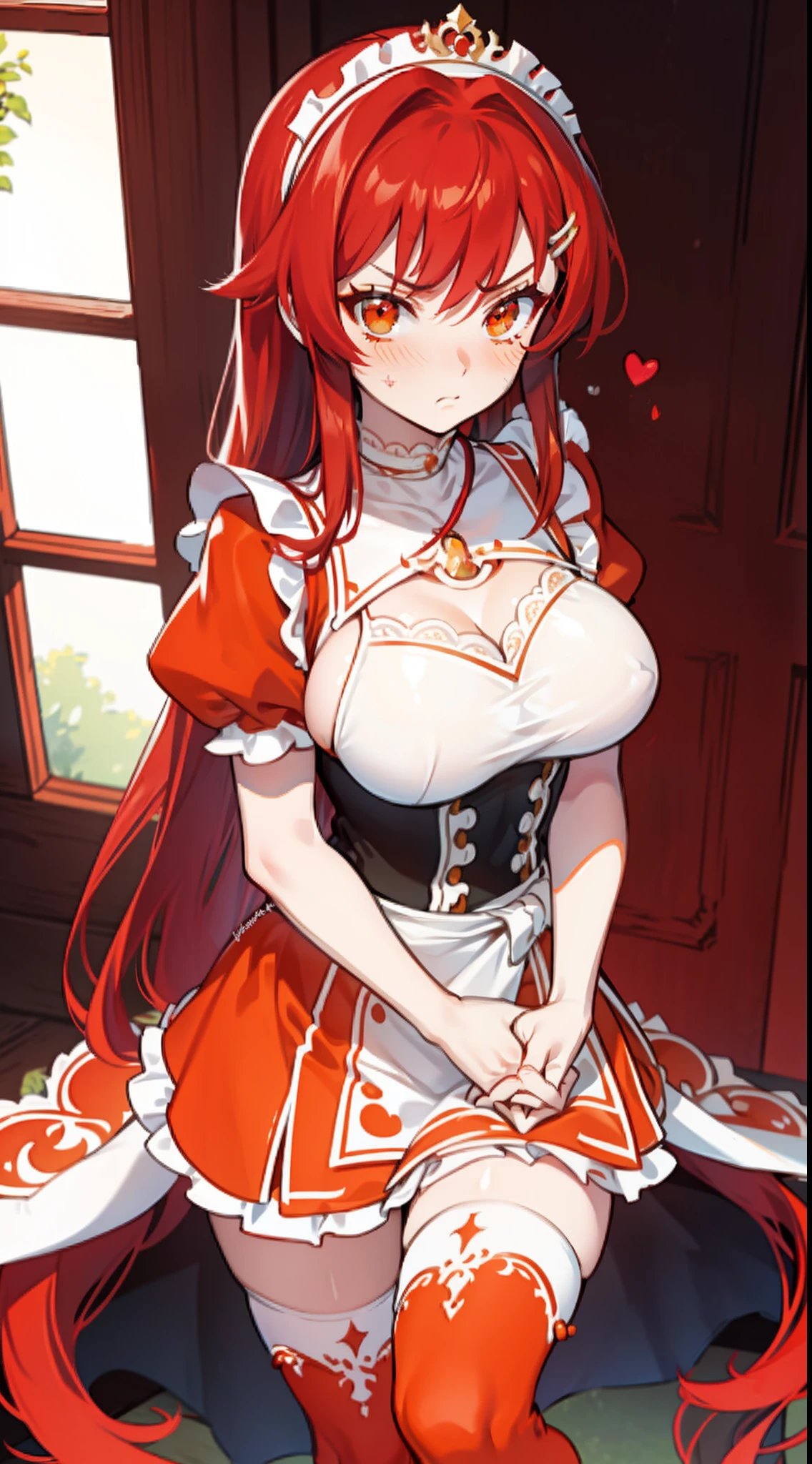 masterpiece,(bestquality),highlydetailed,ultra-detailed, (red-hair) (long hair) (straight hair) (Qi bangs)(fringe), (eyeliner), (orange eyes), (teardrop mole)(Bigboobs:E cup), (elegant and mature woman), (well-endowed), (thigh), (cross necklace)(masterpiece),(bestquality),,lace maid costume, shy expression, blushing cheeks, angry eyes, arms crossed