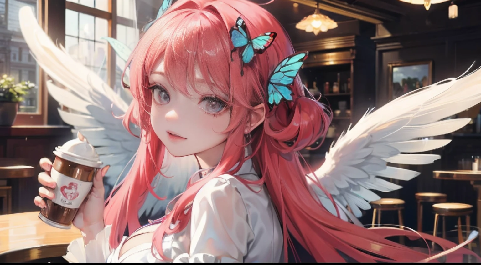 Octane Render、nffsw、(Hyper-detailing: 1.15)、(Soft light、sharp: 1.2)、Girl with angel wings、Beautiful Angel Girl、Close one eye、Luxurious rooms in the coffee shop、Strawberry Shortcake and Coffee Set、 1 人、a beauty girl、ultradetailed eyes、Plump、A thick、Rainbow painting drops、耳Nipple Ring、butterfly hair ornament、 masutepiece, Anatomically correct