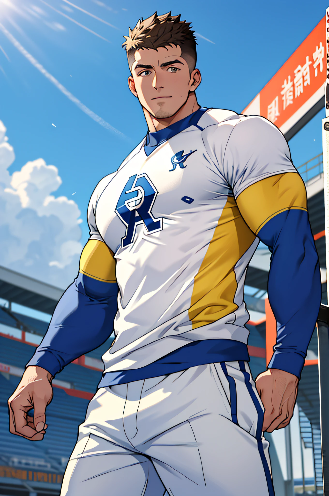 Draw a full-fledged athlete，Stand on the central field of the gym，He wears high-end sportswear，The man looks confident and determined，rays of sunshine，cheerful big breasts，Handsome，Crew cut，full bodyesbian，shooting from below，