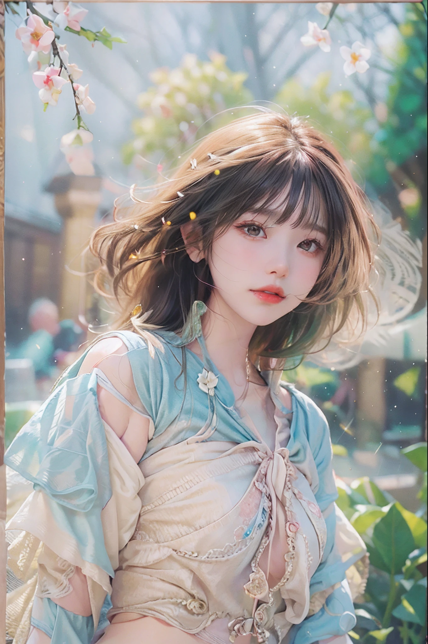 (Fluorescent color:1.4),(semi transparent:1.4),(retro filters:1.4),(fanciful:1.4),(photograph of a woman,1girll:1.2),cropped shoulders,cinmatic lighting, ssmile,short detailed hair,Black shawl straight hair,46 points oblique bangs,High-definition detail、Hyper-detailing、cinematic ligh、ultra-realistic realism、Soft light、Deep field focus bokeh,s the perfect face,beauitful face,beautidful eyes,((Perfect female body)),Candy World Disneyland,aethereal、softness、fluffly、Soft landscape,Pastel pink sky,Green and blue luster,Ethereal light powder,Whimsical rainbow brilliance、As estrelas,diamond sparkles,Gemstone background,(Ultra photo realsisim)、(Super quality)、cinmatic lighting,huge detail,full HD painting,well-illuminated,