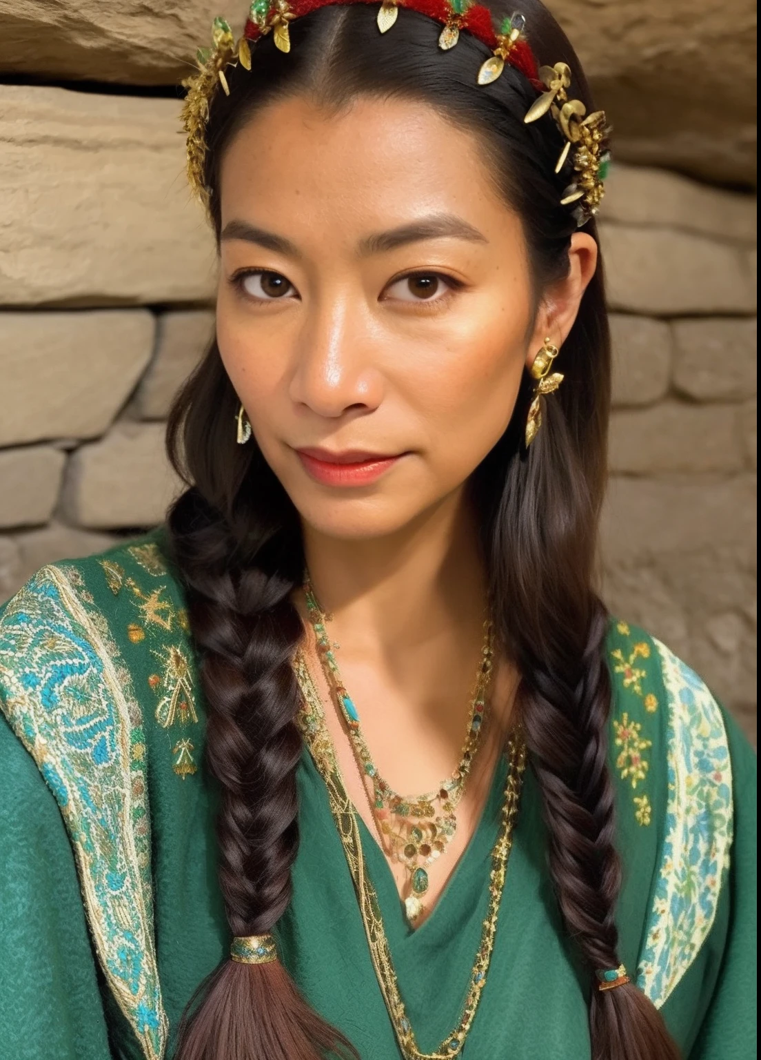 Portrait photography, Mixed mugshot of Bill Cosby and Gina Torres,Play as a 30-year-old Blas female snake shaman in a medieval fantasy, wrinkle, Old, Disgusting eyes, Matte gray long hair braid, sophisticated haircut, Huge intricate tribal druid crowns,Decorated with tiny bones and lion's fangs, solemn expression, eye bags, Elaborate shaman costumes from medieval fantasy tribes, Decorated with pendants, In the medieval fantasy cave, The Nikon D850 and Nikon AF-S NIKKOR 70-200mm f subtly capture color/2.8E FL ED VR Lens, Peter Jackson, fantasy, Historical