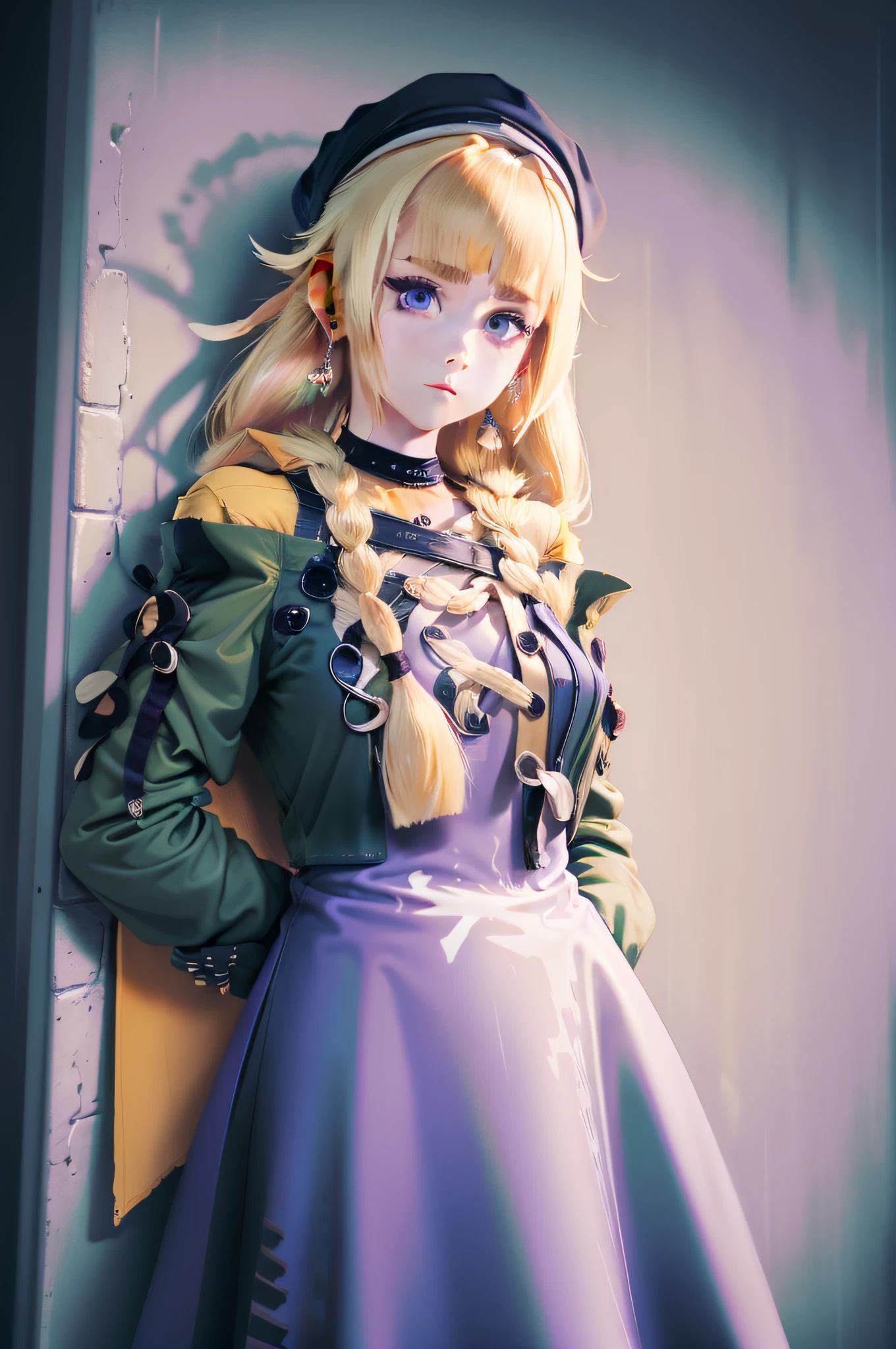 blond girl,Two ponytails,Wearing a purple gothic dress,Leaning against the wall,Chest straight