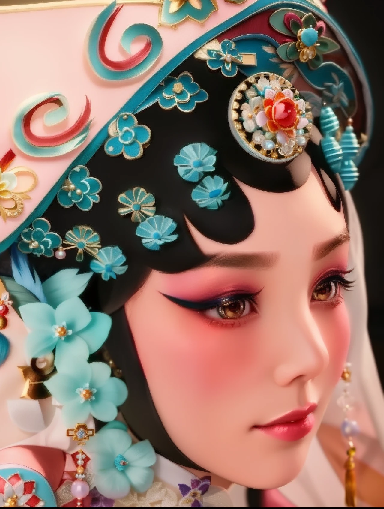 a close up of a woman wearing a colorful headdress and a blue and pink hat, peking opera, inspired by Xie Huan, china doll face, inspired by Jin Nong, inspired by Lan Ying, inspired by Mei Qing, traditional makeup, traditional chinese, inspired by Min Zhen, inspired by Li Mei-shu, inspired by Gu Zhengyi