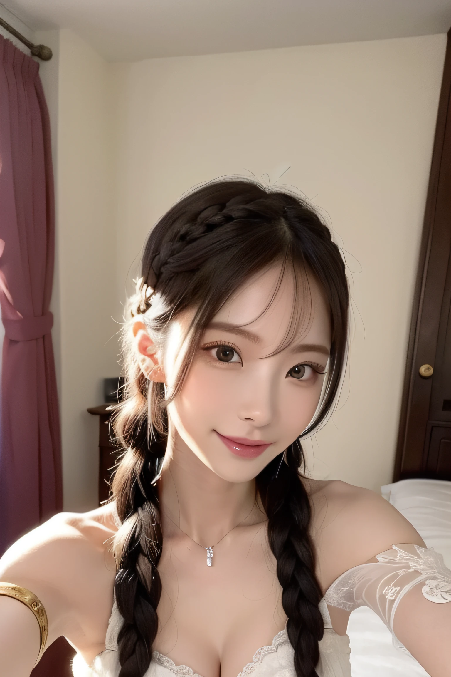 1girl,,Random background,Good mood,mischievous face,Long hair,rolling_eyes,ahegao,ssmile,twin_braids,耳Nipple Ring,jewelry,Masterpiece, Highest quality, (((Masterpiece))), (((Maximum level))), ((extra fine)), (illustration), ((Extremely delicate and beautiful)), Dynamic Angle,highly detailed beautiful face,is very beautiful,Cute Korean girl,perfect body figure,well detailed face,real looking skin