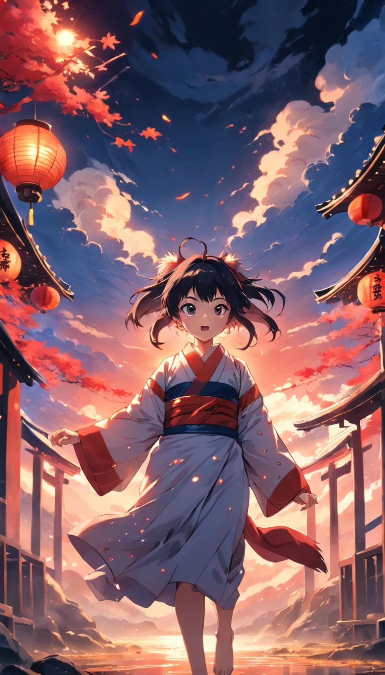 masterpiece, best quality, movie still, 1girl, wolf girl, japan style, kimono, happy, sunset, (sparks:0.7)