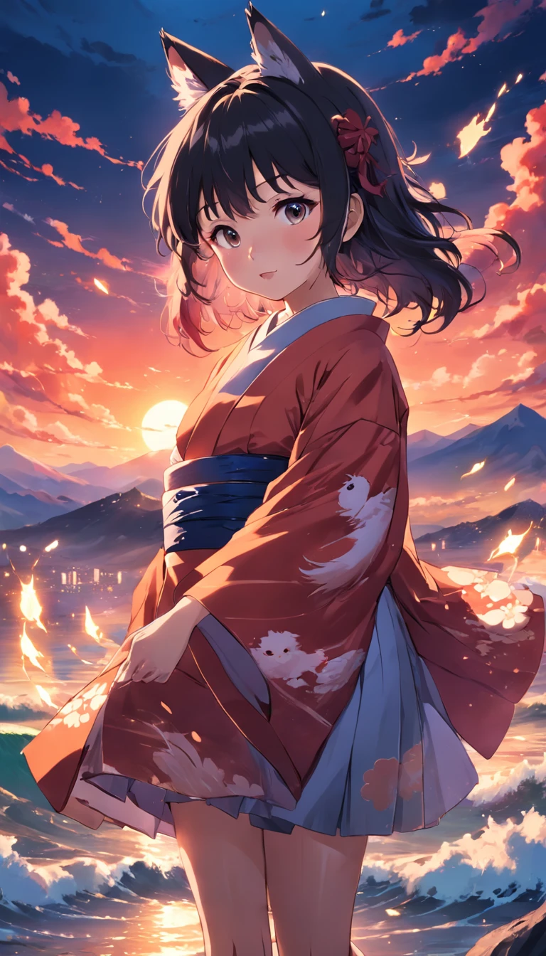 masterpiece, best quality, movie still, 1girl, wolf girl, japan style, kimono, happy, sunset, (sparks:0.7)