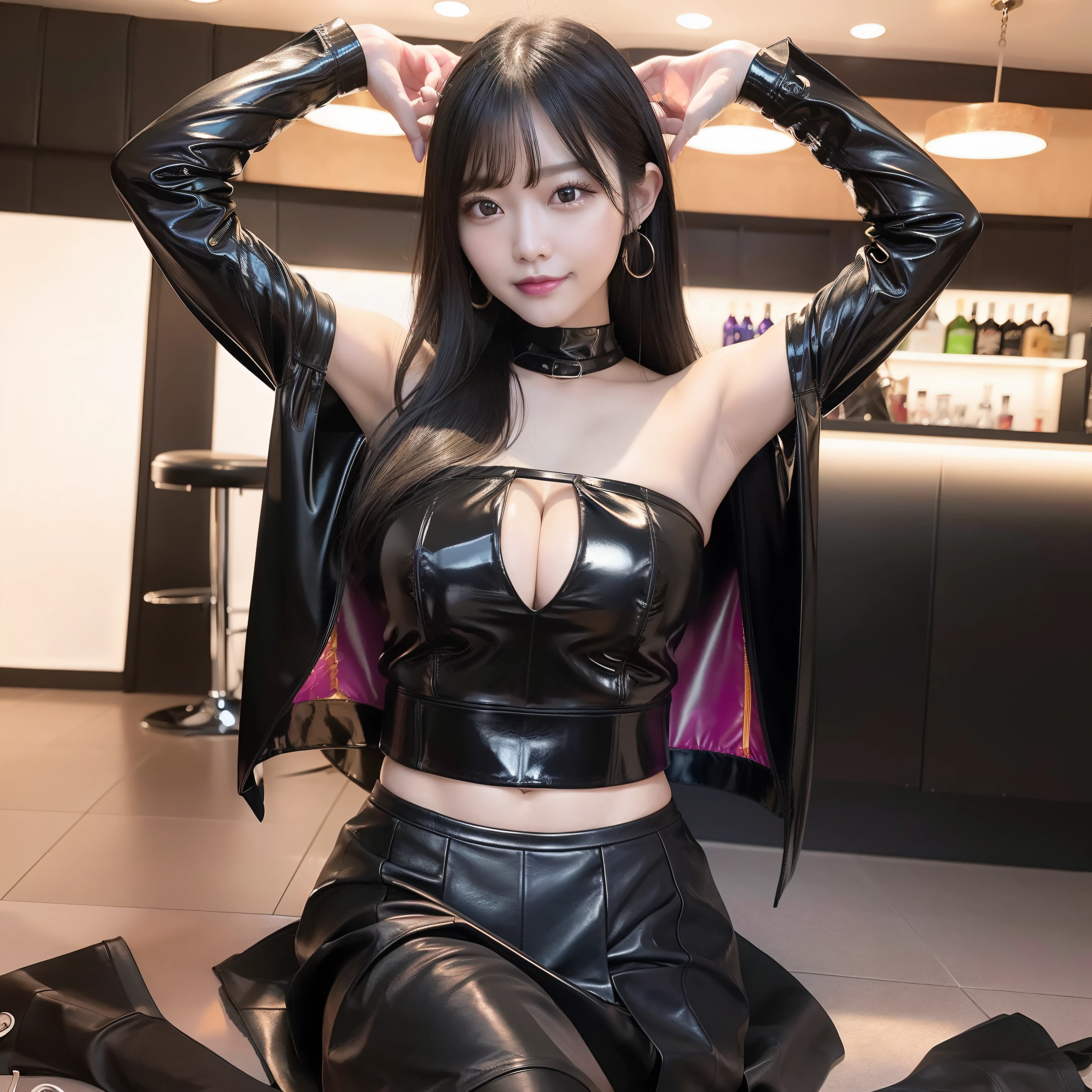 masutepiece,A hyper-realistic,32K,the Extremely Detailed CG Unity 8K Wallpapers, Best Quality,Gorgeous Korean Woman,((Black Leather Tube Top)),((Colorful long hair)),gal makeup,Smiling,(((Wearing a long black leather skirt))),((Facing the viewer)),Inside the bar,Black Latex Long Boots,(bottom shot),(Latex Cape),Cheers to each other,Open