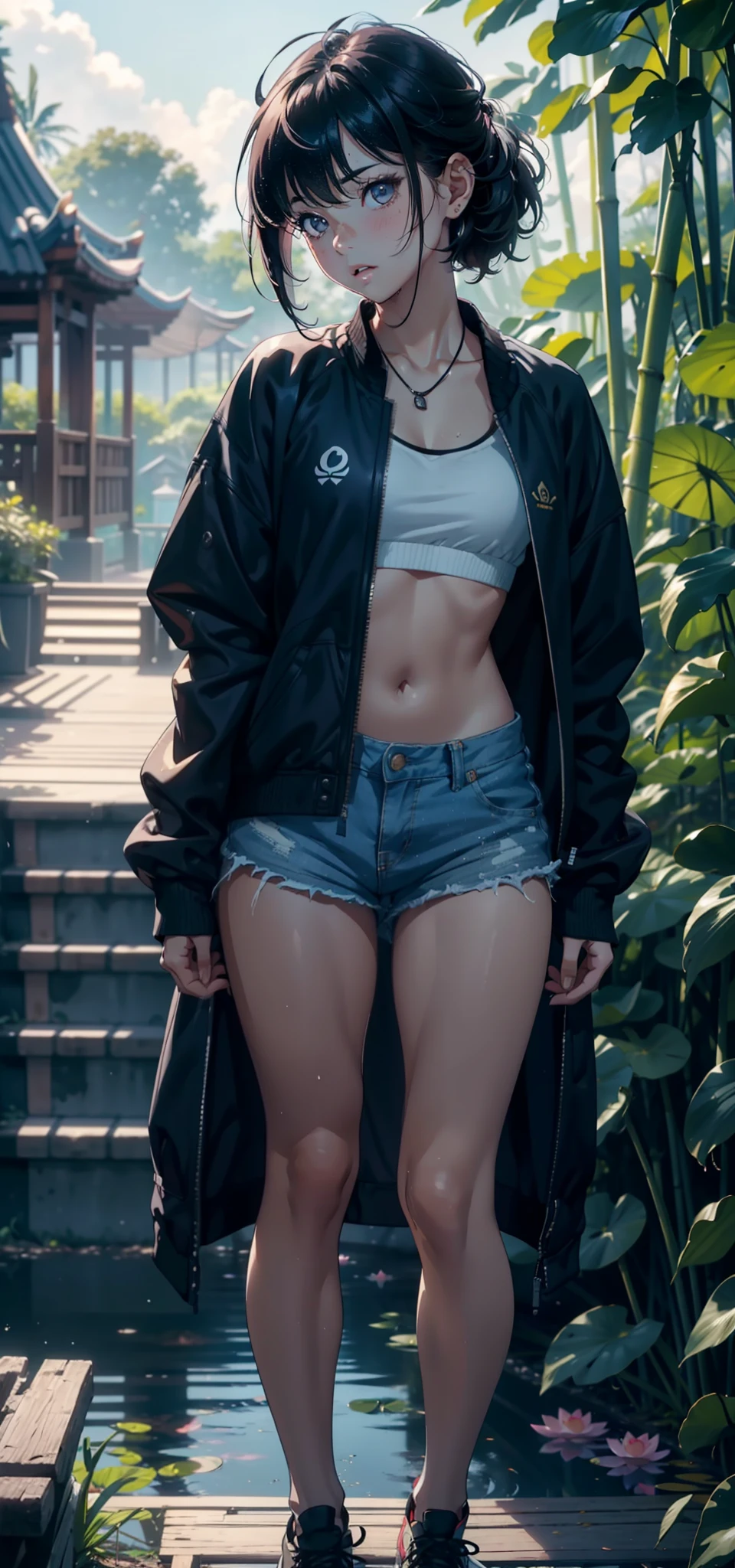 1female,3 years old,bit girl,Small loli,Small chest Thin waist,Pornographic exposure, 独奏,(Background with:bamboo forrest,lotuses,lotus flower,exteriors,Lotus pond) She has short black hair,Qi bangs,bobo head,standing on your feet,Sweat profusely,drenched all over the body,seen from the front, hair straight, mostly cloudy sky,(((tmasterpiece),(Very detailed CG unity 8K wallpaper),best qualtiy,cinmatic lighting,detailed back ground,beatiful detailed eyes,Bright pupils,Black eyes,(Very fine and beautiful),(Beautiful and detailed eye description),ultra - detailed,tmasterpiece,)),facing at camera,A high resolution,ultra - detailed),revealing breasts,Bare genitalia, Bulge,legs are open,Raised sexy,Camel toes,Flushed complexion,Open-mouthed,frontage,elementary student(Black baseball jacket,Sexy revealing denim panties,black sneaker shoes,nakeness),Full body photo,frontage