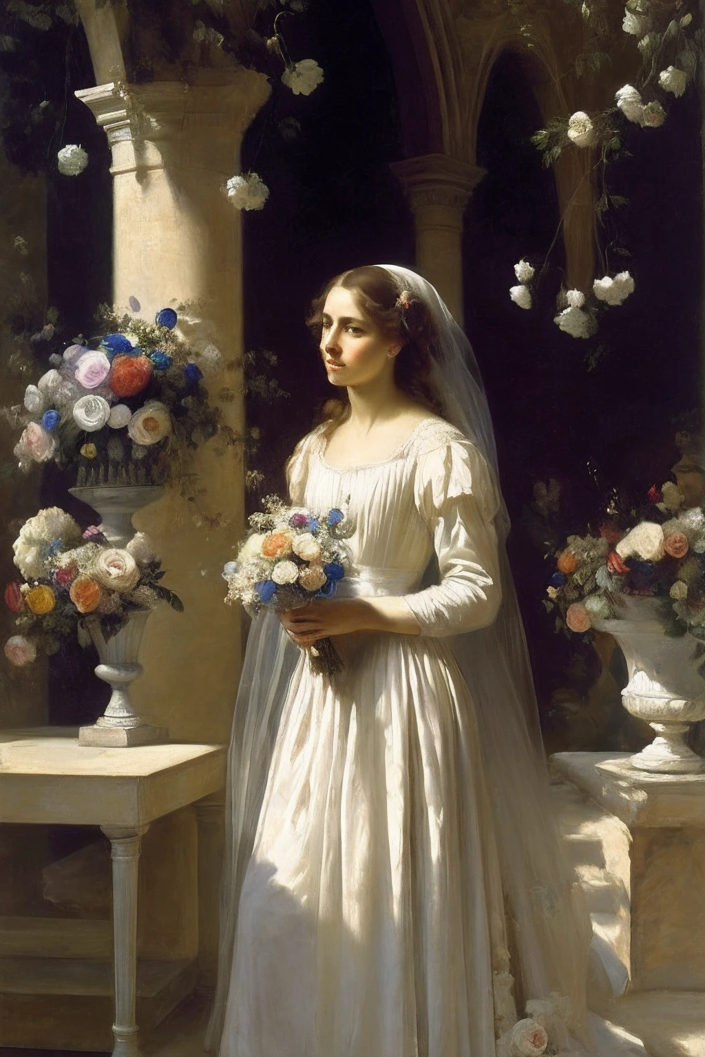 (masterpiece), 19th century, a girl in a wedding dress walks to the altar, a transparent veil covers her face, a bouquet of flowers, church decorations, ultra-high resolution, neckline, full-length body, an unsurpassed masterpiece, a perfect work of art, realistic painting, oil paint, the best quality, High background detail, painterly drawing, Rows of benches, Low contrast, extremely detailed face, (ideal face: 1.5), Essence, Softness of light, candles, art by Vasily Pukirev and John Singer Sargent and Gustave Courbet and Ilya Repin