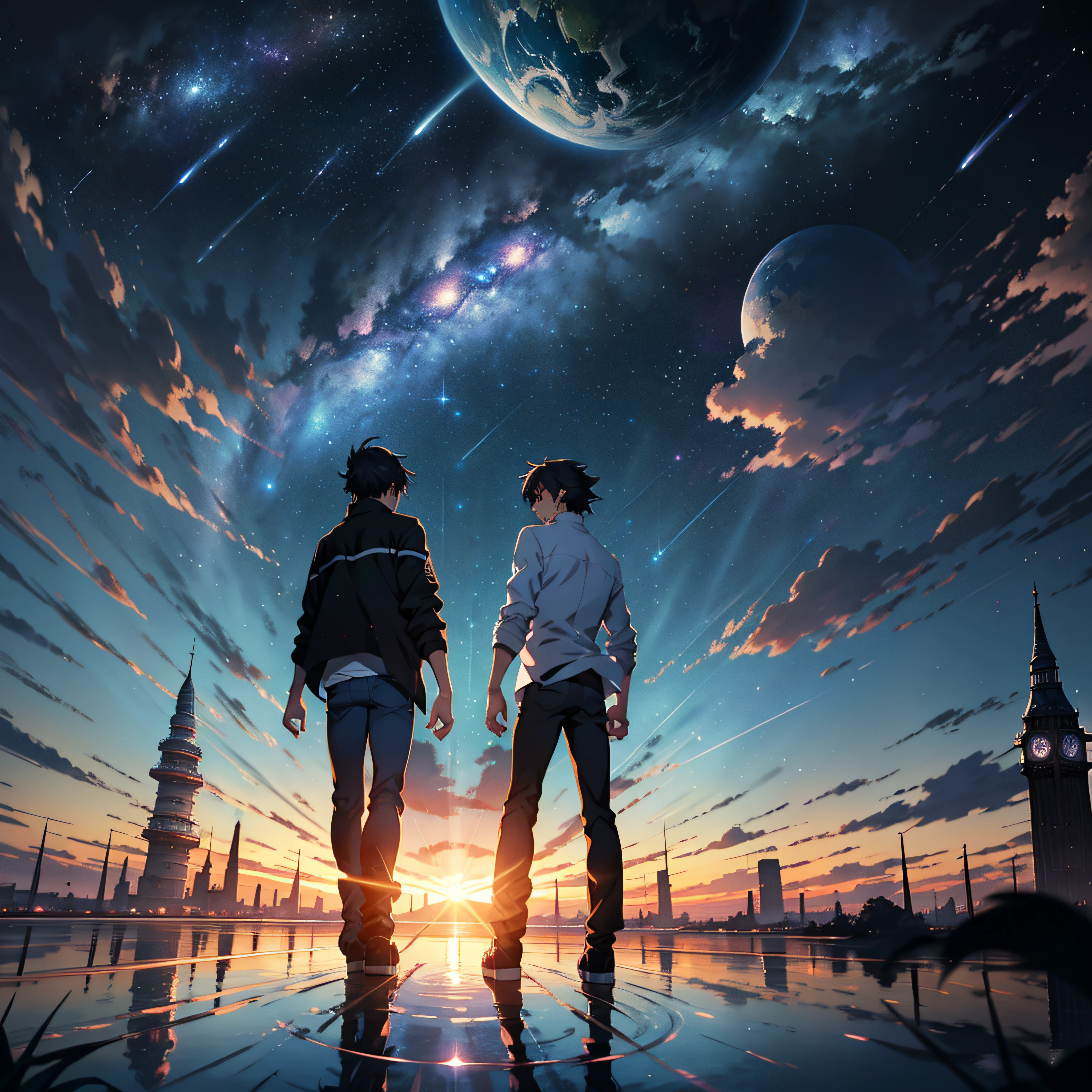 anime - style scene of a beautiful sky with a star and a planet, cosmic skies. by makoto shinkai, anime art wallpaper 4k, 1young man, anime art wallpaper 4 k, anime art wallpaper 8 k, anime wallpaper 4k, anime wallpaper 4 k, 4k anime wallpaper, anime sky, amazing wallpaper, anime background, heaven planet in background, anime background art, reflection, quantum transisition, white shirt, black jeans, in the tower of city.