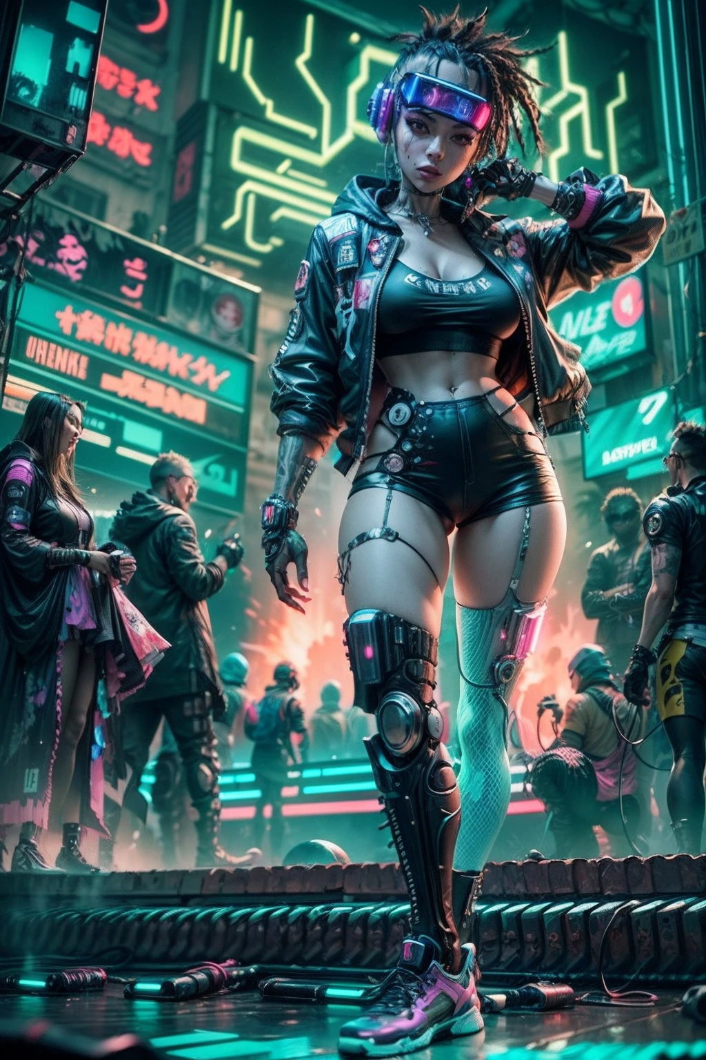 (Tabletop, Highest quality, Highest quality, Official Art, beautifully、aesthetic:1.2),(One Girl:1.4),whole body,([pink|green] hair:1.5),Very detailed,(Fractal Art:1.3),(colorful:1.5),Best details,(Mechanical transformation:1.3),(Fixed:1.2),Otome,(A complex mechanical conduit is inserted into his back.:1.5),catheter,(Neon Background:1.4),(Neon City:1.75),night,Large Breasts,(Gothic_ta:1.2),High heels,(:0.75),compensate,blush,(cyber punk:1.4),((View your viewers:1.3)),((Recall)),Sofia Boutella, Brunette, Sunburn, huge , Nikon d850 film stock photos 4 kodak portra 400 camera f1.6 Lenses、Rich colors、Ultra-realistic and realistic texture、Dramatic lighting、UnrealEngine、Trending on Artstation、cinestill 800,