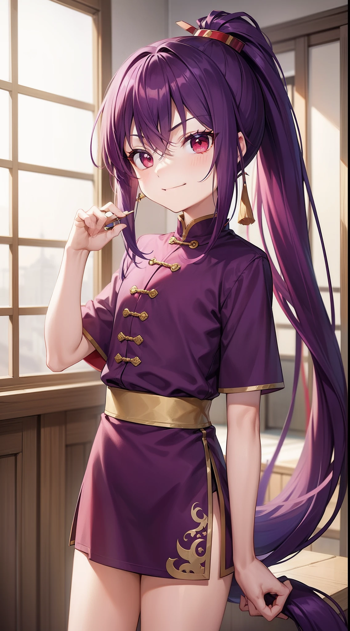 young boy, long purple hair, high ponytail, red-eyes, Chinese purple short-sleeved shirt, Via Hanifa, smirk, Feather Fan, Masterpiece, hiquality