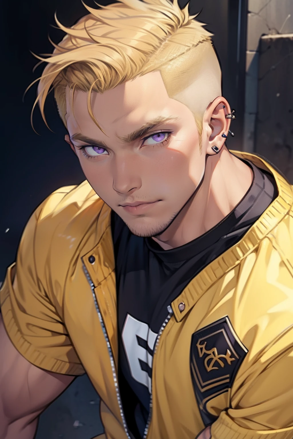 He is Blond, has a short undercut hairstyle. He has stubble. He has honey colored skin. He has purple eyes. He is very muscular. He wears casual, sporty clothing. He has a lip ring, a nose ring and 2 ear piercings.