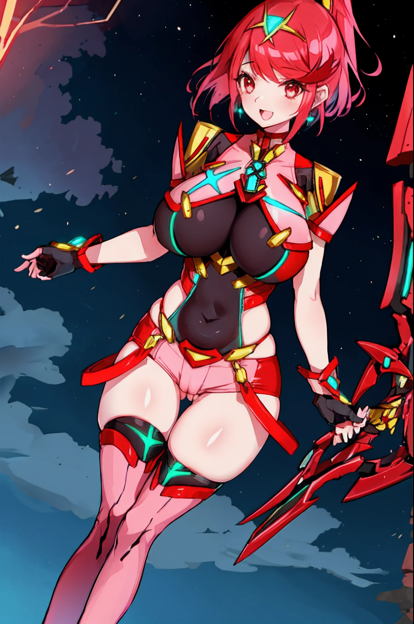 pyra \(xenoblade\), _1girl, loliarmor, bangs, black gloves, breasts, red eyes, light_open_mouth, earrings, eyelashes, fingerless gloves, floating hair, framed breasts, gem, gloves, hair ornament, headpiece, jewelry, big_breasts, leaning back, leotard, neon trim, official art, pose, red hair, red shorts, saitou masatsugu, short hair, short shorts, short sleeves, shorts, sidelocks, skin tight, solo, standing, swept bangs, thighhighs, tiara, night_prairie_background, turtleneck, underbust, vambraces, xenoblade chronicles \(series\), (xenoblade chronicles 2), (spread_legs:1.1), fire_effect,dynamic_pose,fighting,light_smile, (plump:1.4), big_ass,huge_sword, hold_large_sword_hilt, scovered_nipples, (covered_pussy:1.2),cameltoe,back_view, fists,ponytail,plump,beautiful_fingers,(solo:1.1),