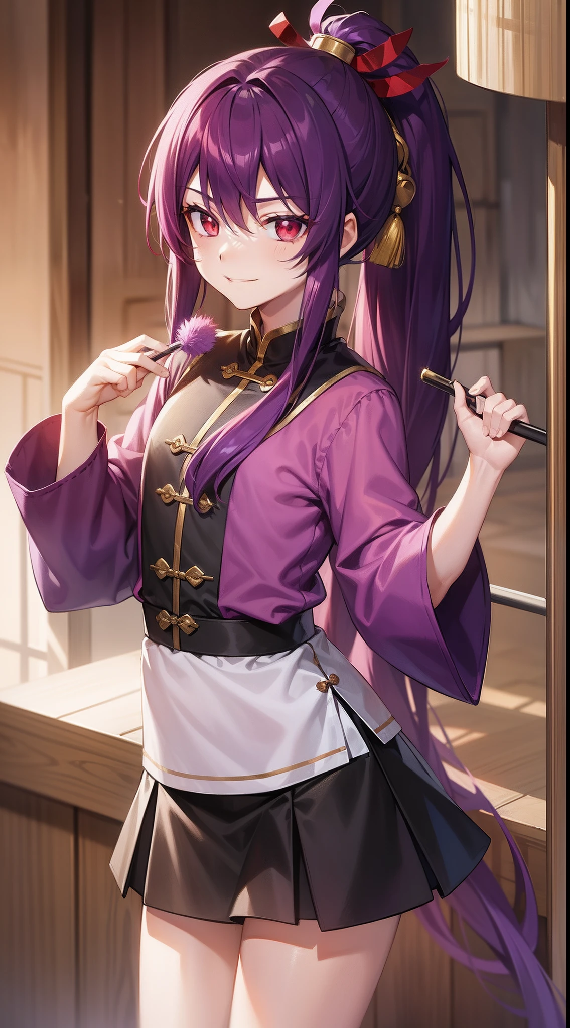 young boy, long purple hair, high ponytail, red-eyes, Chinese purple short-sleeved shirt, Via Hanifa, smirk, Feather Fan, Masterpiece, hiquality