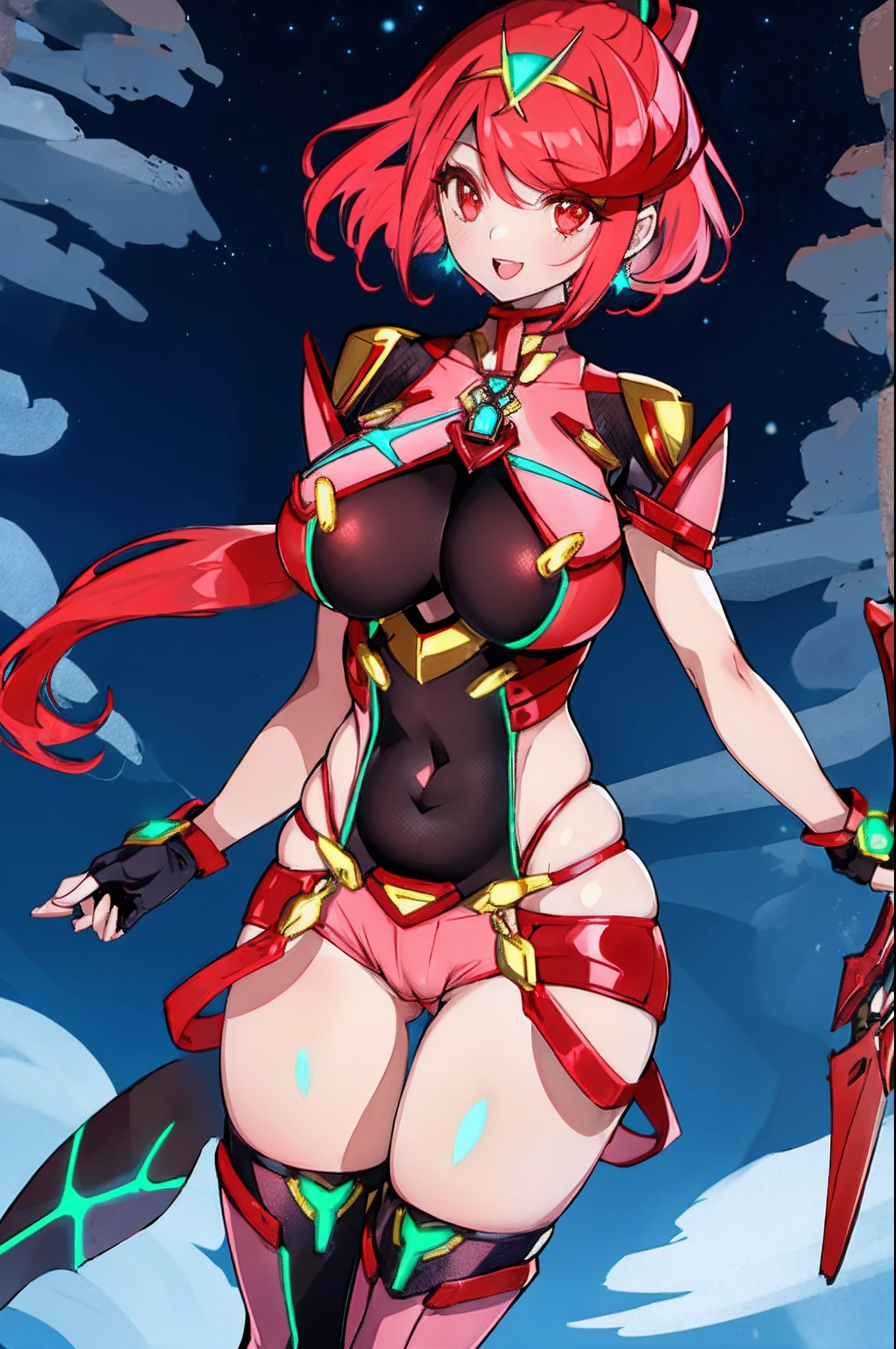 pyra \(xenoblade\), _1girl, lolimor, bangs, black gloves, breasts, red eyes, light_open_mouth, earrings, eyelashes, fingerless gloves, floating hair, framed breasts, gem, gloves, hair ornament, headpiece, jewelry, big_breasts, leaning back, leotard, neon trim, official art, pose, red hair, red shorts, saitou masatsugu, short hair, short shorts, short sleeves, shorts, sidelocks, skin tight, solo, standing, swept bangs, thighhighs, tiara, night_prairie_background, turtleneck, underbust, vambraces, xenoblade chronicles \(series\), (xenoblade chronicles 2), (spread_legs:1.1), fire_effect,dynamic_pose,fighting,light_smile, (plump:1.4), big_ass,huge_sword, hold_large_sword_hilt, scovered_nipples, (covered_pussy:1.2),cameltoe,back_view, fists,ponytail,plump,beautiful_fingers,(solo:1.1),