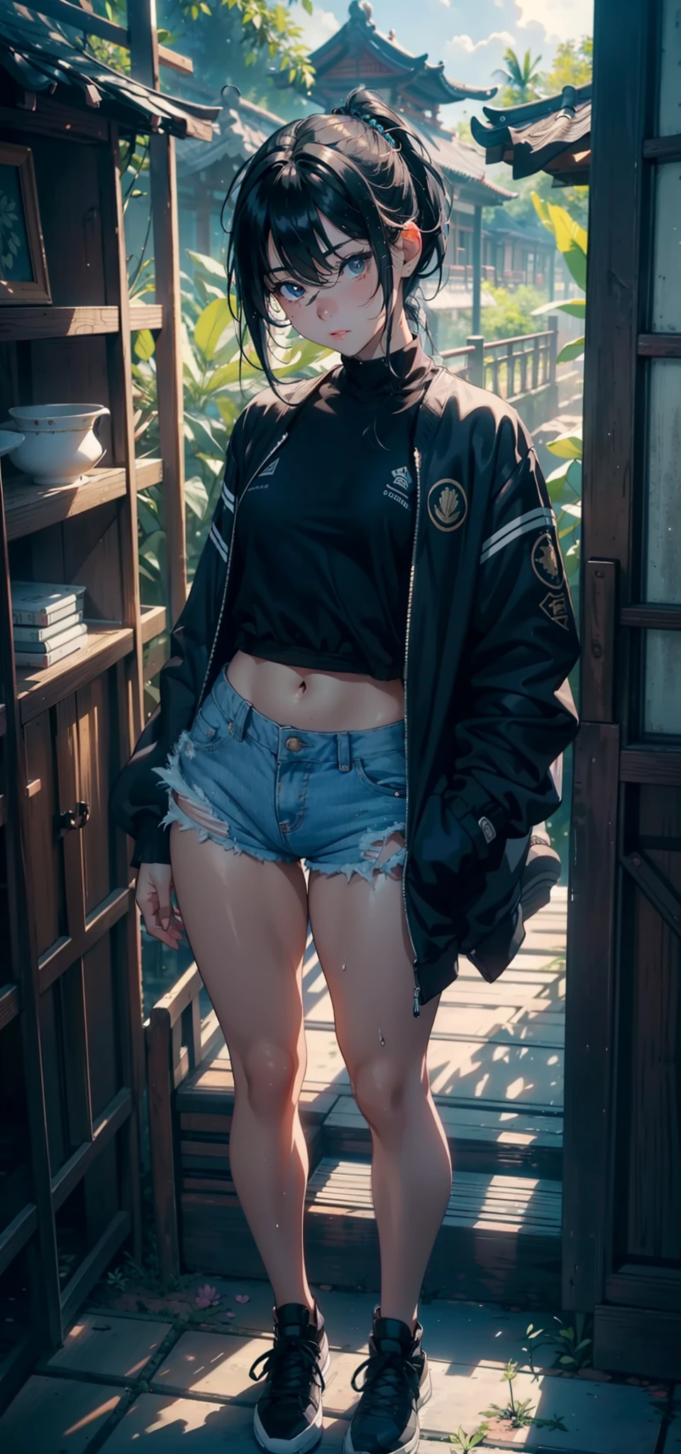 1female,,bit girl,Small loli,Small t Thin waist,Pornographic exposure, 独奏,(Background with:bamboo forrest,lotuses,lotus flower,exteriors,Lotus pond) She has short black hair,Qi bangs,bobo head,standing on your feet,Sweat profusely,drenched all over the body,seen from the front, hair straight, mostly cloudy sky,(((tmasterpiece),(Very detailed CG unity 8K wallpaper),best qualtiy,cinmatic lighting,detailed back ground,beatiful detailed eyes,Bright pupils,Black eyes,(Very fine and beautiful),(Beautiful and detailed eye description),ultra - detailed,tmasterpiece,)),facing at camera,A high resolution,ultra - detailed),revealing breasts,Bare genitalia, Bulge,legs are open,Raised sexy,Camel toes,Flushed complexion,Open-mouthed,frontage,elementary student(Black baseball jacket,Sexy revealing denim panties,black sneaker shoes,nakeness),Full body photo,frontage