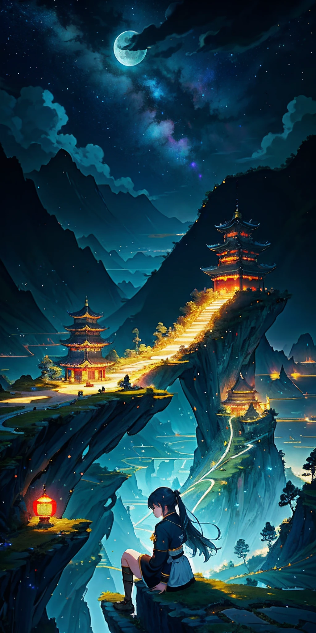 sky, star (sky), scenery, starry sky, night, 1girl, night sky, solo, outdoors, cloud, moon, sitting, long hair, winner of cg society competition, fantasy art, Chinese landscape, Chinese fantasy, Chinese ink style, pin ancient city view, order Impressive fantasy landscape, most epic landscape, avatar landscape, chinese village beside a lake
