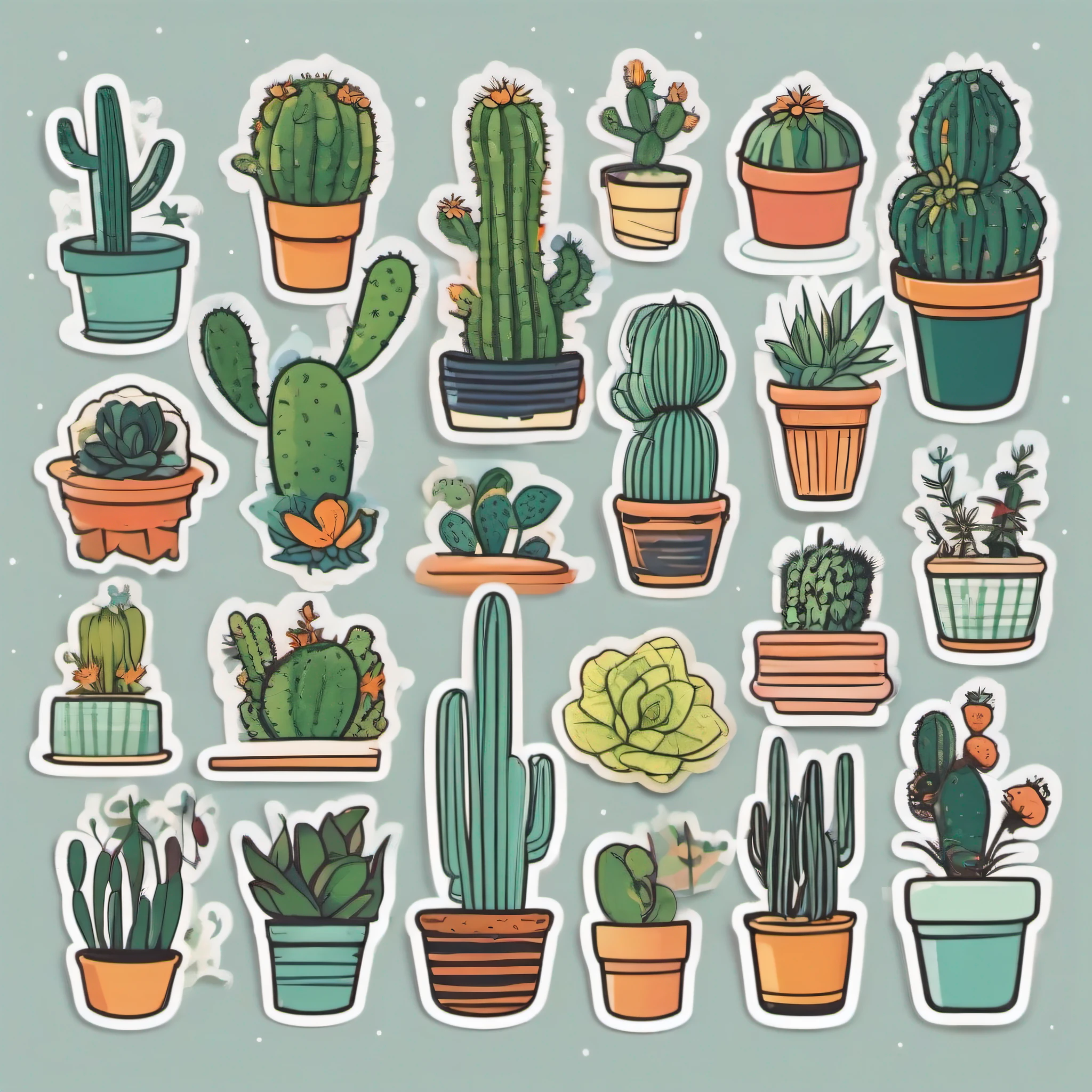"2D minimalist style stickers with a diverse palette of plant illustrations, incluindo cactos, sobre fundo branco."