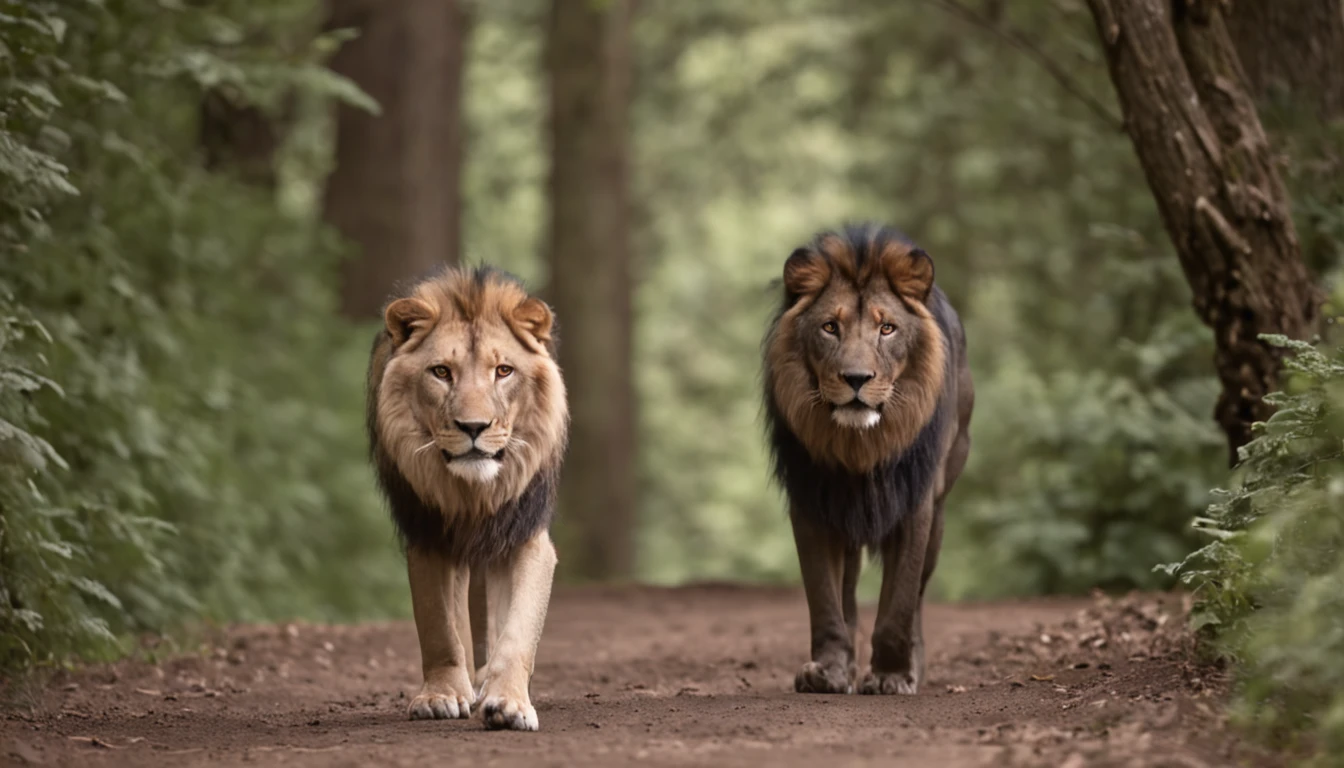 portrait of a man, walking on a path through the forest, accompanied by a wolf and a lion.