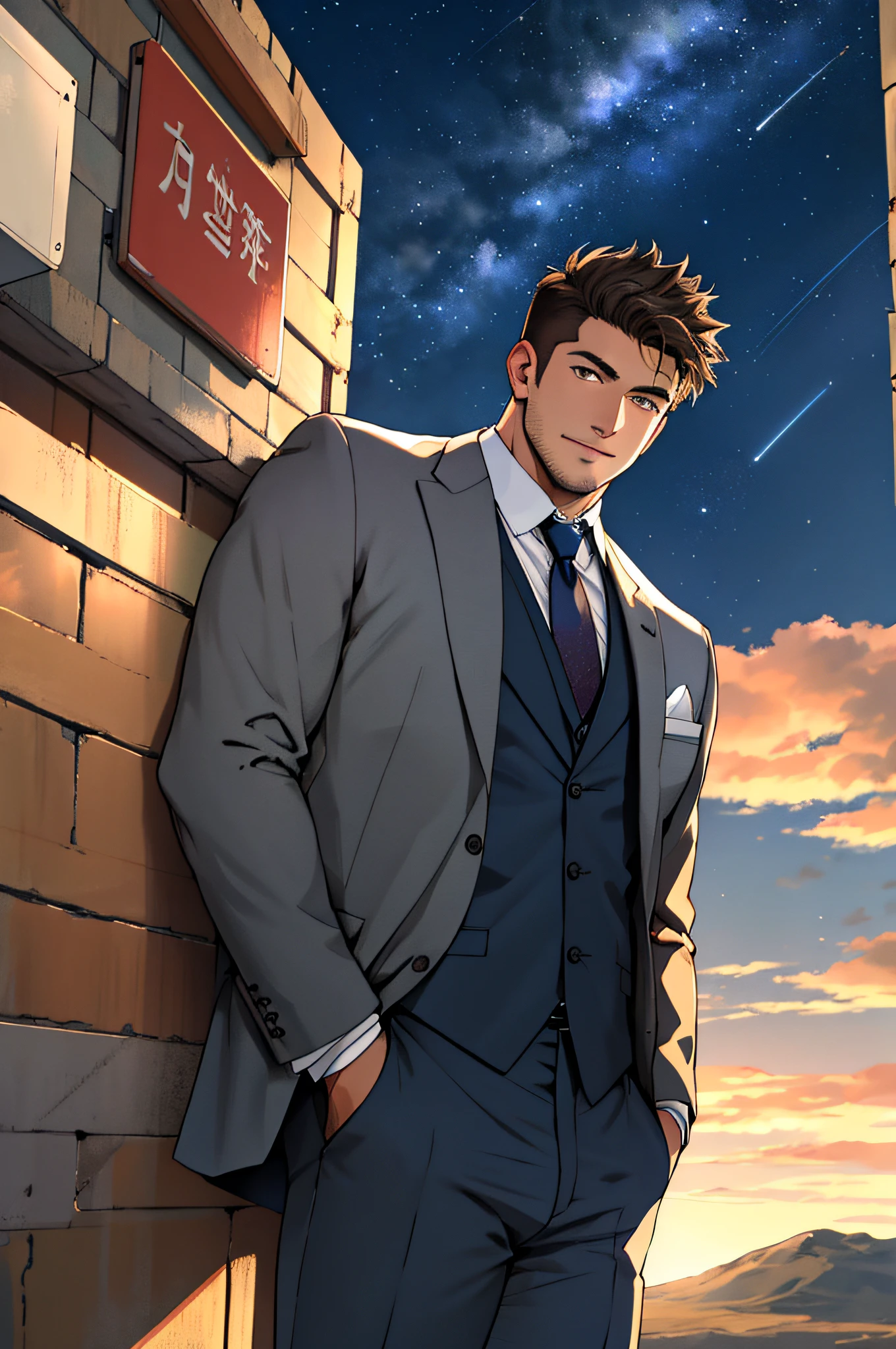Draw a full-fledged footballer,Standing on the steppe at night,Quiet and comfortable background,He wears the same suit as the country's president,The suit fits perfectly,rays of sunshine,cheerful big breasts,Handsome,eyes with brightness,The man looks confident and determined,looking-down,Crew cut,full bodyesbian,Stars dot the sky,shooting from below,Big moon highlights background