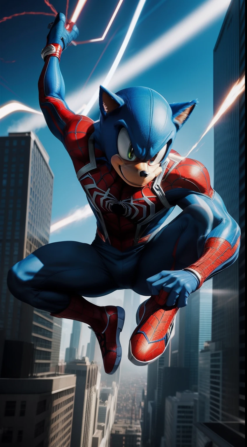 "An artistic fusion of Sonic the Hedgehog and Spider-Man, resulting in a high-energy and acrobatic character. The art style combines Sonic's speed and vibrant energy with Spider-Man's agility and web-swinging skills. The character zips through a bustling cityscape, leaving a trail of motion and excitement. The fusion design seamlessly integrates Sonic's blue fur and red shoes with Spider-Man's iconic red and blue suit, web patterns, and emblem. This image draws inspiration from both the Sonic the Hedgehog franchise and Marvel Comics, creating a dynamic blend of velocity and acrobatics. The camera angle captures the fusion character in a mid-swinging pose, capturing the sense of movement. The render style includes dynamic lines, vibrant colors, and energetic lighting to emphasize the fusion of speed and agility."