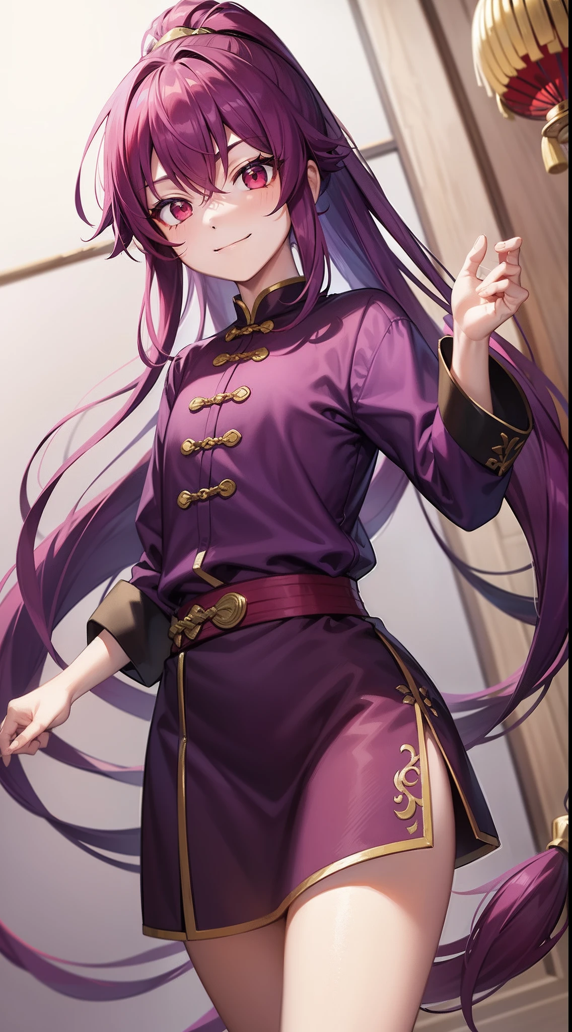young boy, long purple hair, high ponytail, red-eyes, Chinese purple short-sleeved shirt, Via Hanifa, smirk, Feather Fan, Masterpiece, hiquality