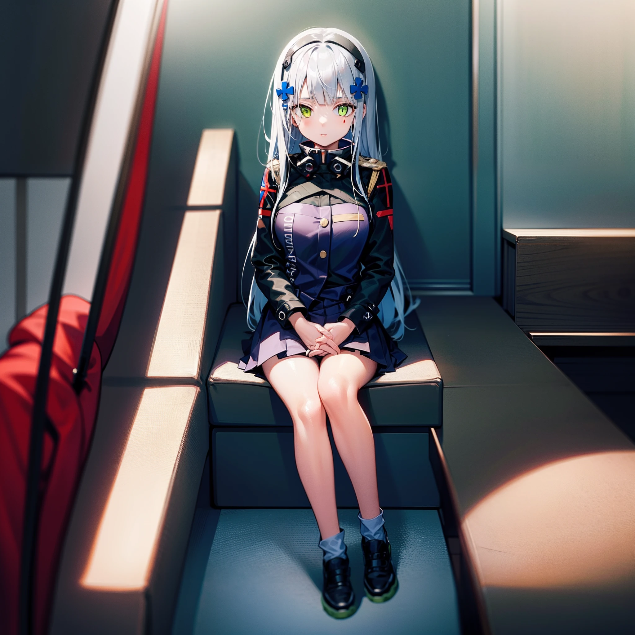 Masterpiece, 1girl, solo, HK416, sitting inside cafe, black suit, looking at viewers, full body, perfect hands, perfect legs