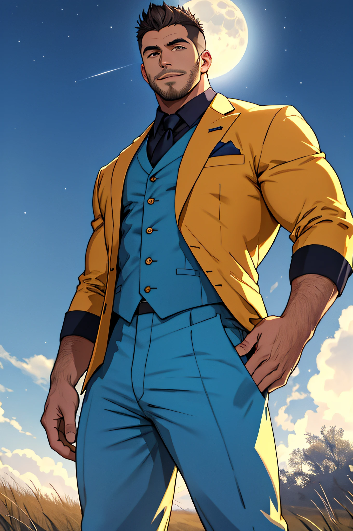 Draw a full-fledged footballer，Standing on the steppe at night，Quiet and comfortable background，He wears the same suit as the country's president，The suit fits perfectly，rays of sunshine，cheerful big breasts，Handsome，eyes with brightness，The man looks confident and determined，looking-down，Crew cut，full bodyesbian，Stars dot the sky，shooting from below，Big moon highlights background