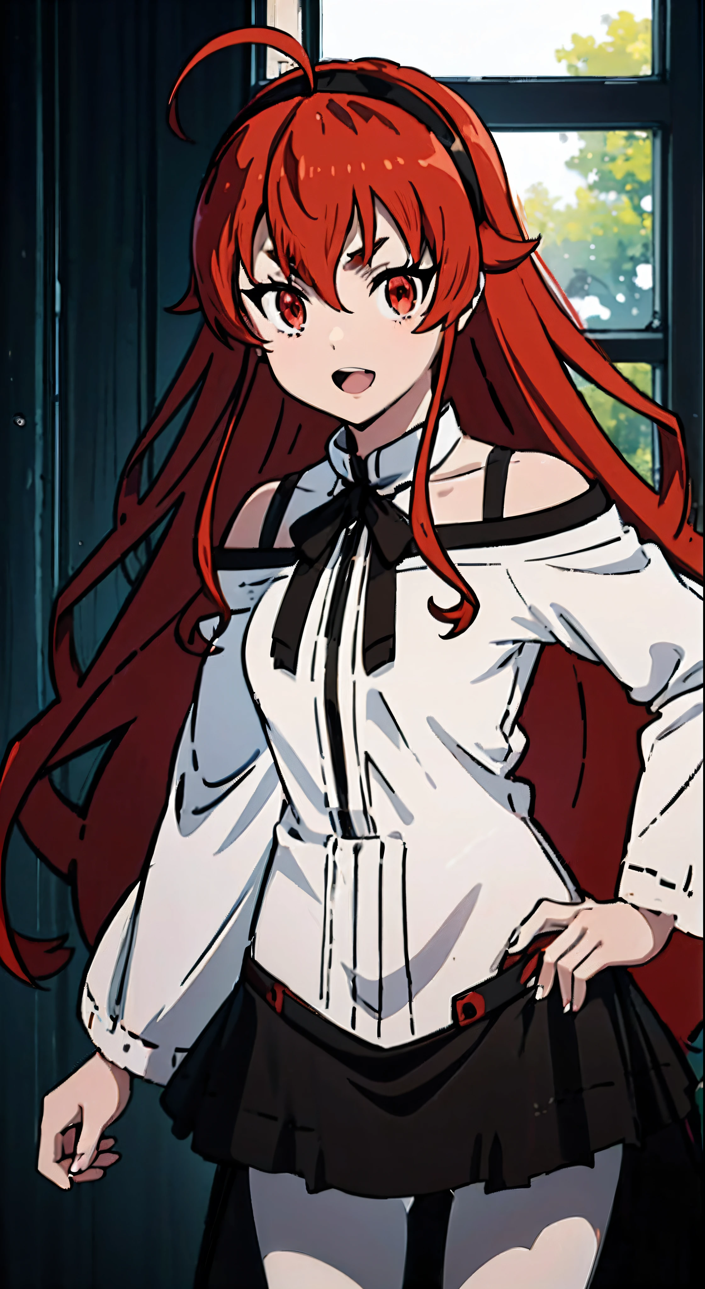 Best Quality, (masutepiece:1.2), Detailed, 1girl in, Solo, Open mouth, Smile, Long hair, Red hair, Ahoge, Red Eyes, black hairband, White Dress, Bare shoulders, Neck ribbon, a black ribbon, Dark brown skirt, Long sleeves, (White pantyhose:1.2), Standing, Looking at the viewer, Indoors, window