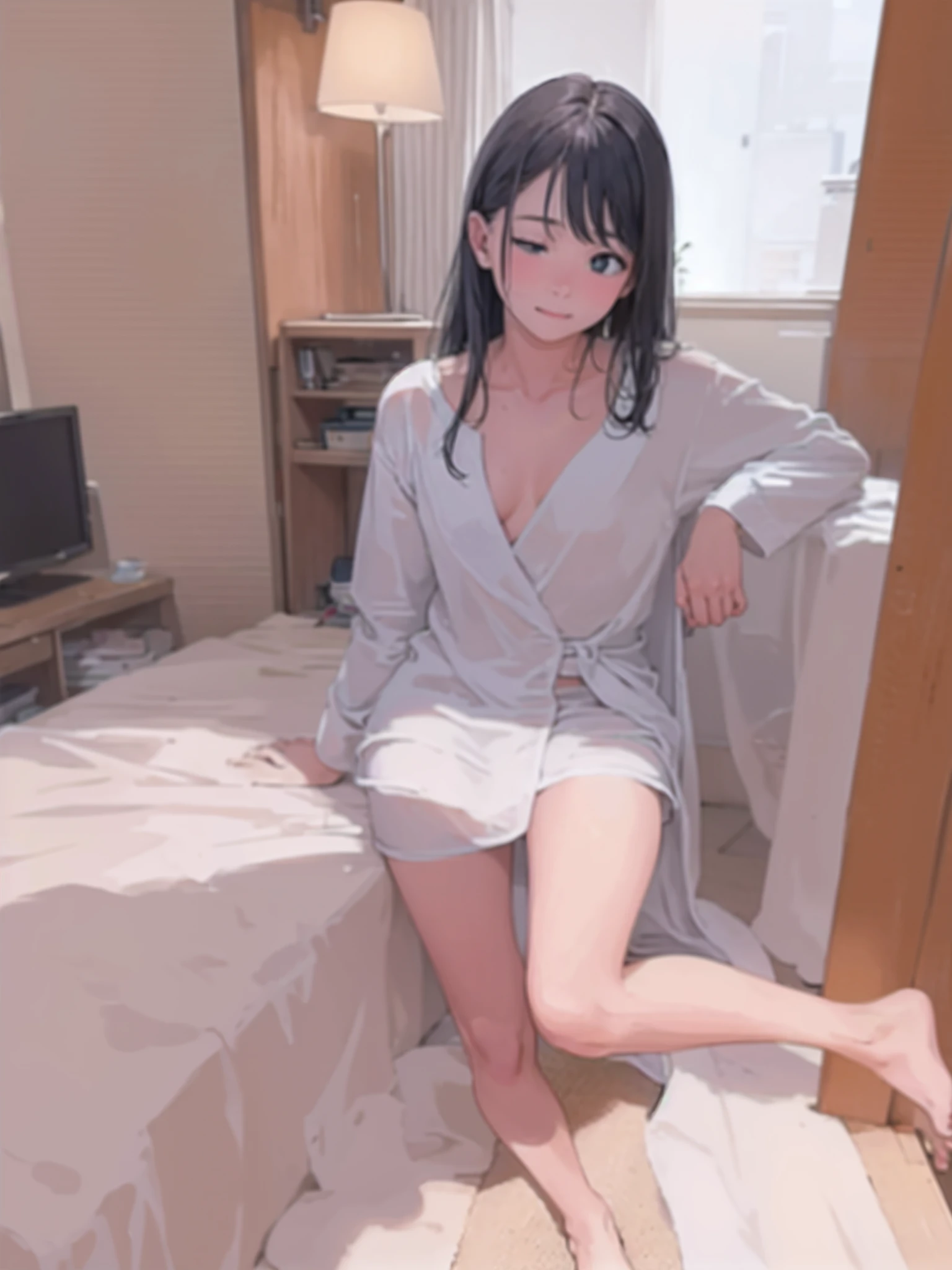 inside in room、relax、dressing gown、Sleeping in bed、Accurate portrait drawing、Accurate model