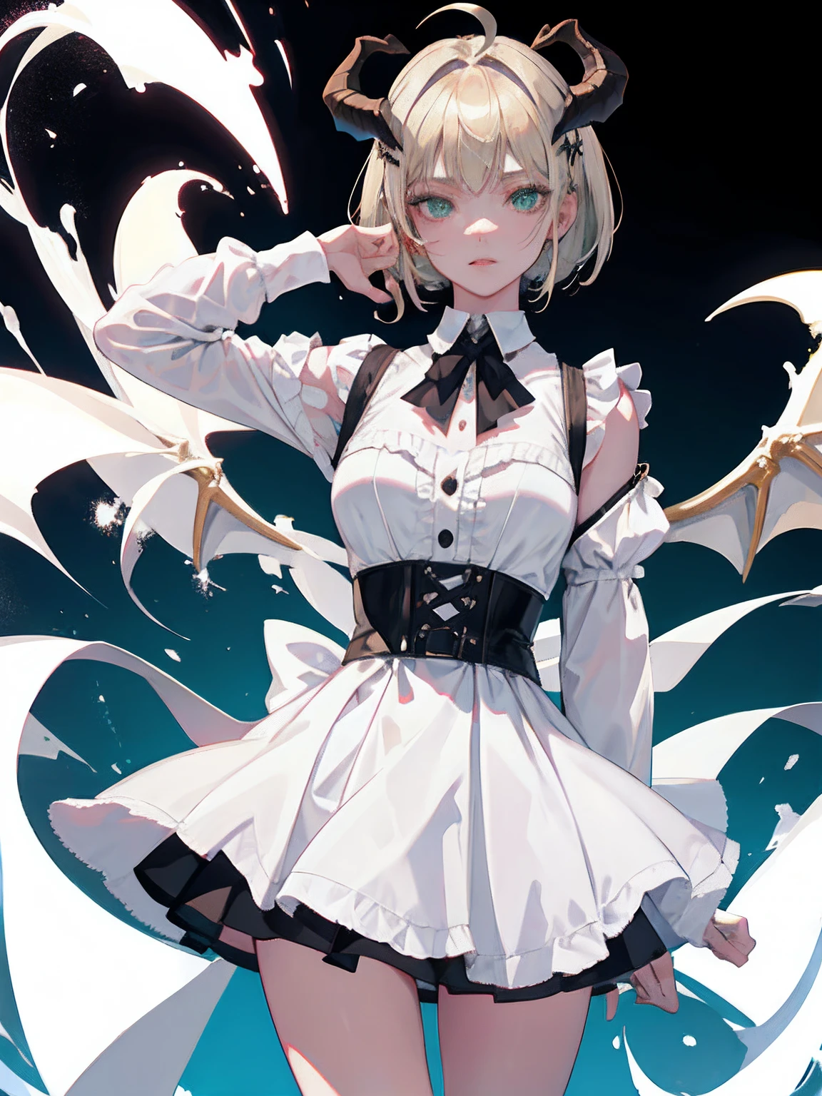 ((masterpiece, best quality)), (1girl), (solo), (female focus), (ahoge, ash blonde hair, short hair), green eyes, ((white shirt), (buttoned shirt)), ((black skirt), (short skirt)), standing, white background, arms behind back, bat wings on the waist, sheep horns