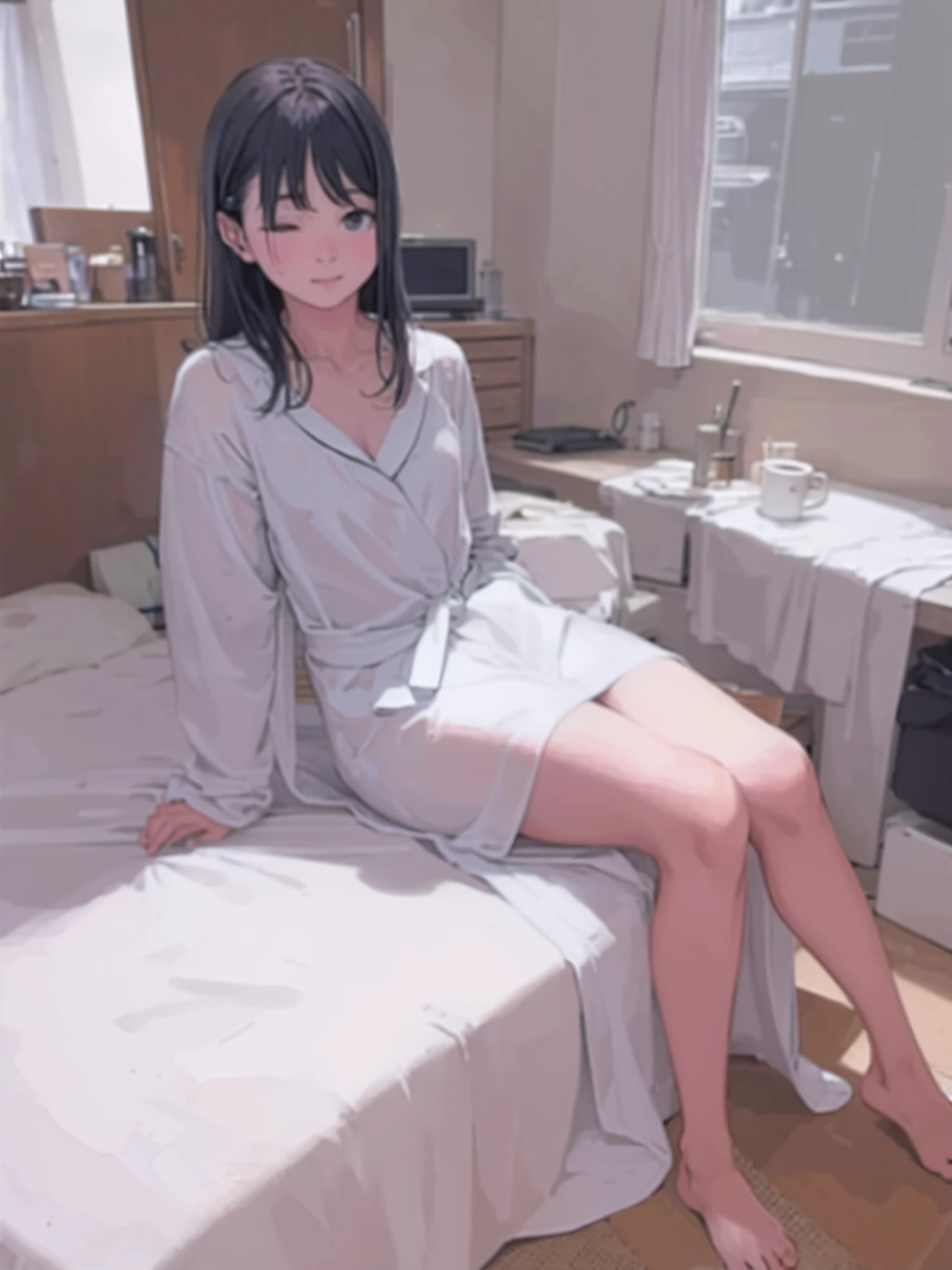inside in room、relax、dressing gown、Sleeping in bed、Accurate portrait drawing、Accurate model