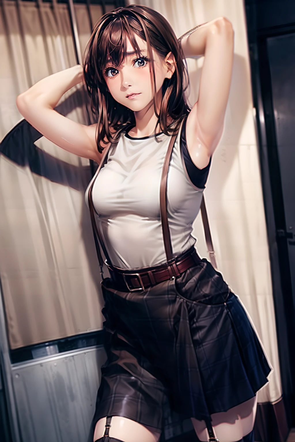 skirt by the, Black Tank Top Suspenders, Brown hair Gray eyes, Garter belt on the legs, Big and tight clothes, a belt Armpit sweat deadpan