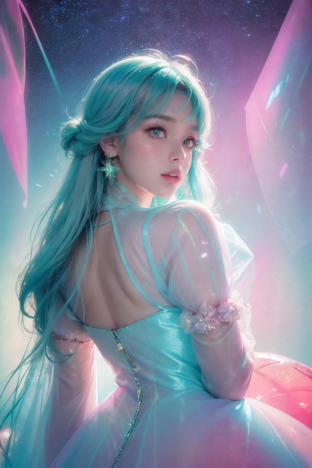 (fluorescent colors:1.4),(translucent:1.4),(retro filters:1.4), (fantasy:1.4), candy world Disney land ethereal soft fluffy soft landscape forest snowavatar Pastel pink sky green blue sparkle ethereal light pastel whimsical light rainbow stars diamonds sparkle gemstone background hyper realistic Ultra quality cinematic lighting immense detail Full hd painting Well lit,