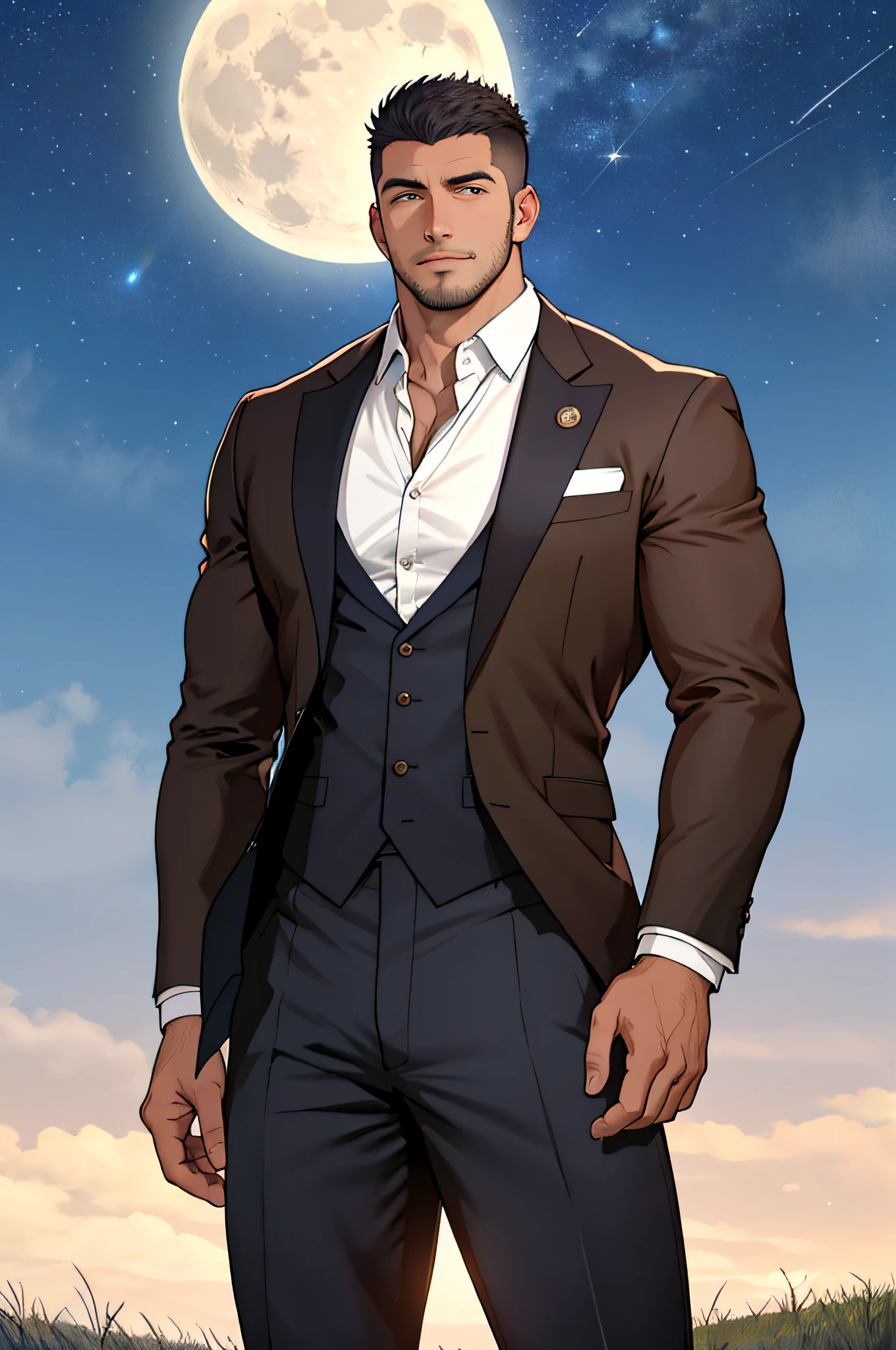 Draw a full-fledged footballer，Standing on the steppe at night，Quiet and comfortable background，He wears the same suit as the country's president，The suit fits perfectly，rays of sunshine，cheerful big breasts，Handsome，eyes with brightness，The man looks confident and determined，looking-down，Crew cut，full bodyesbian，Stars dot the sky，shooting from below，Big moon highlights background