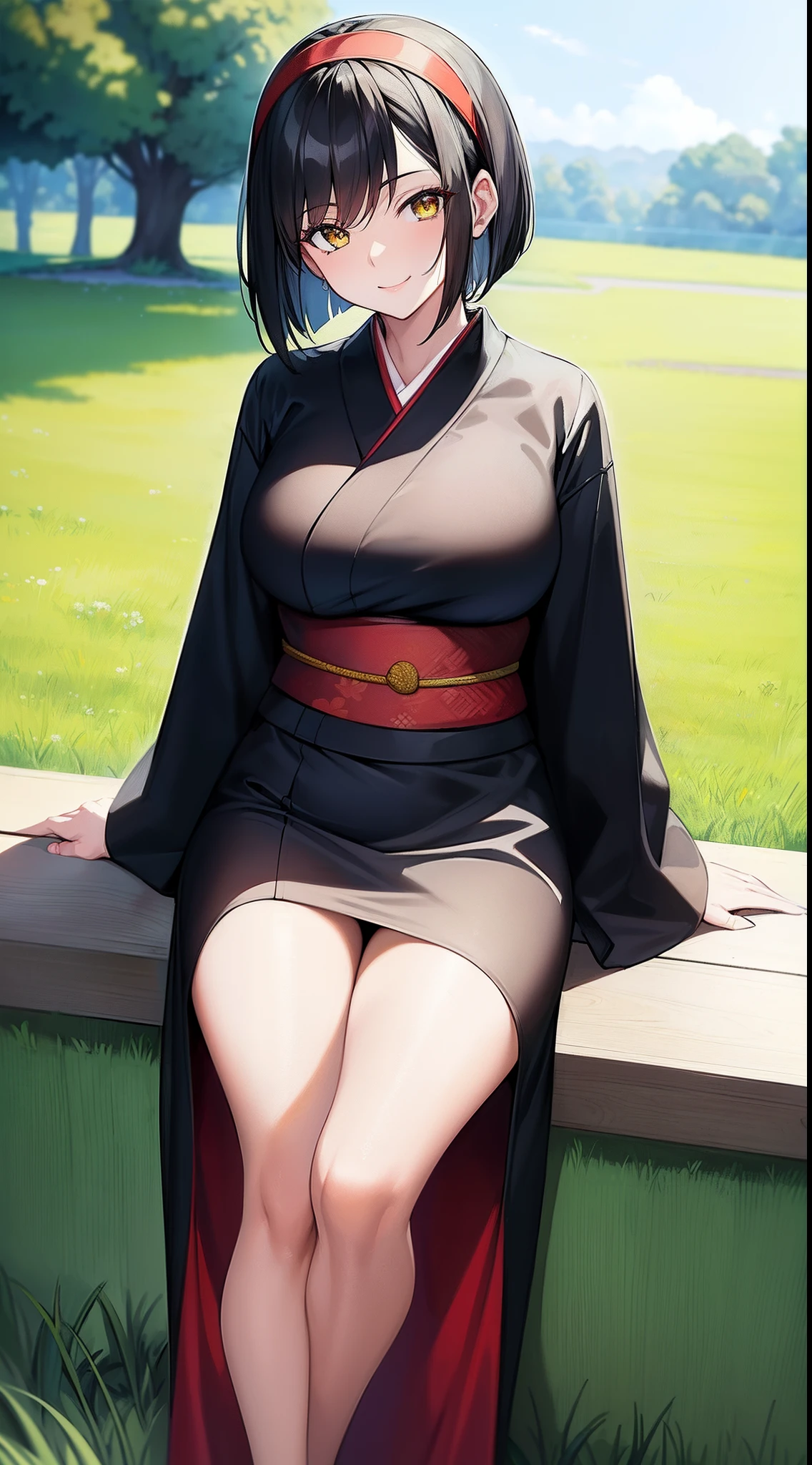 (Masterpiece: 1.5), (Best Quality: 1.5), High Resolution, High Detail, anime animation, 1woman, mature, (bob black hair), red hairband, yellow eyes, smile, E cup breasts, (all black kimono), posing, grass field