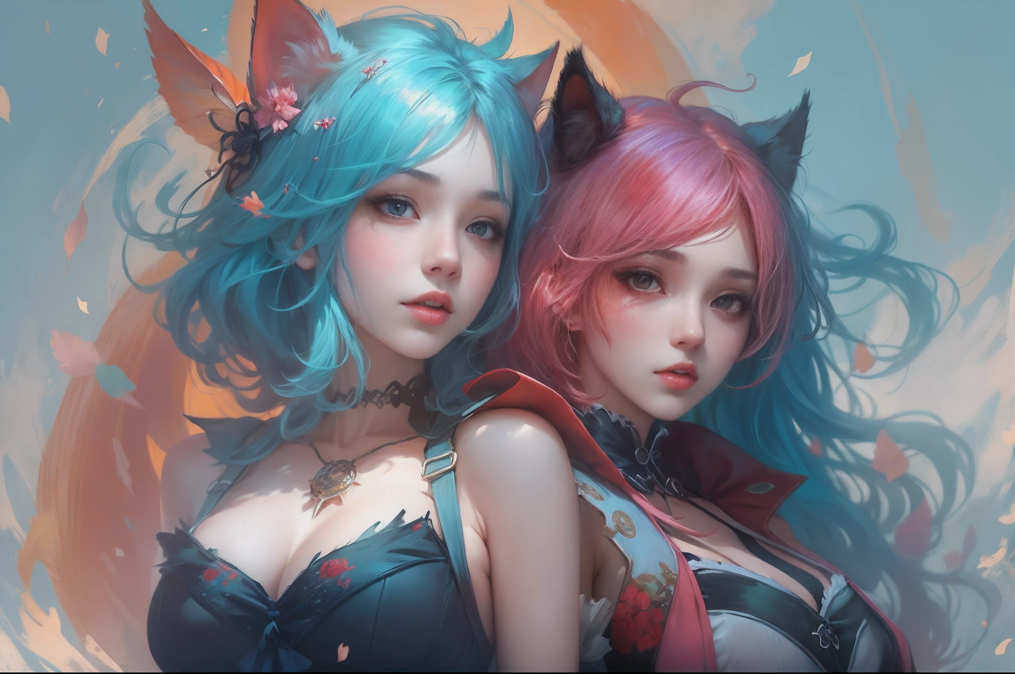 anime - style image of two women with pink and blue hair dressed in red and blue corset  , wlop and sakimichan, attractive cat girl, artwork in the style of guweiz, fantasy art style, 2. 5 d cgi anime fantasy artwork, fanart best artstation, by Yang J, trending on cgstation, wlop and ross tran, guweiz
wide angle